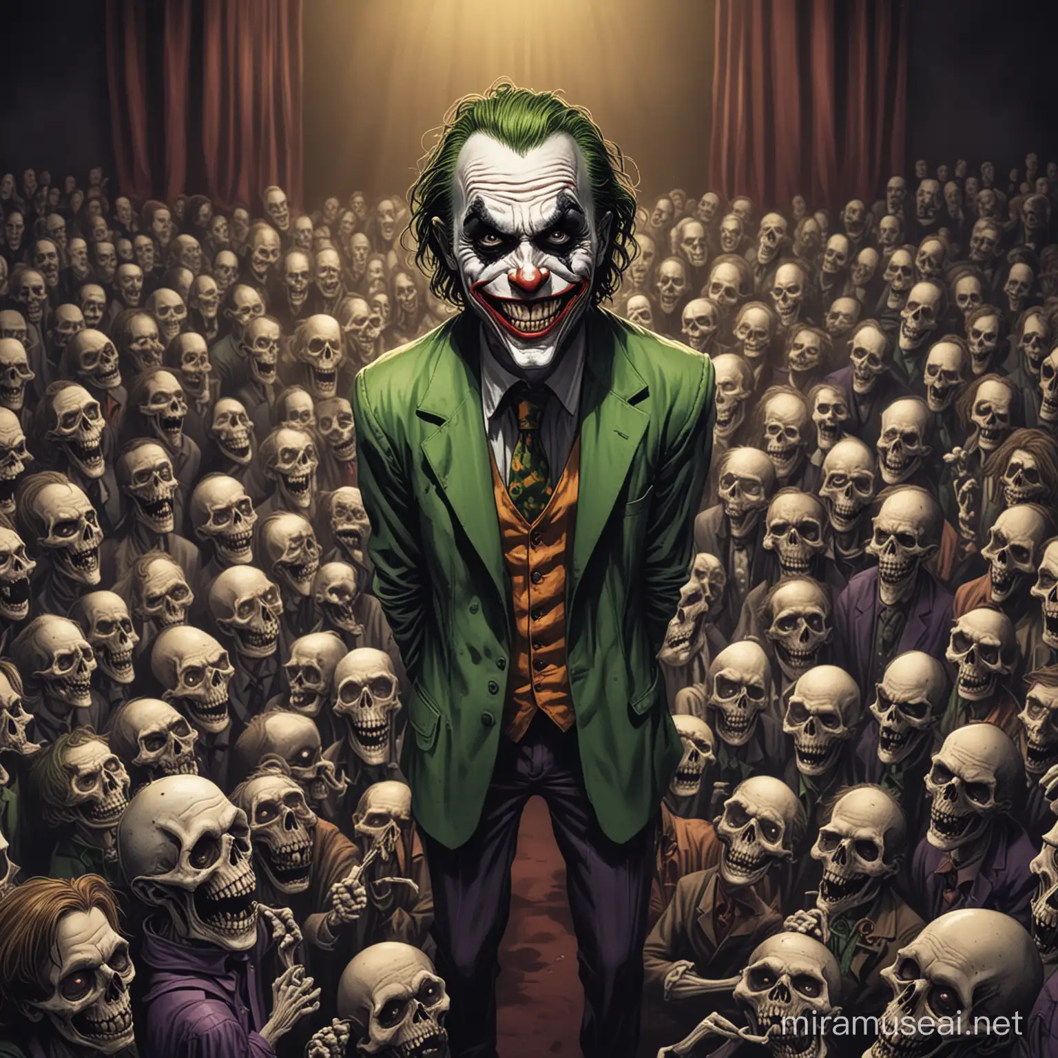 Give me a picture of a cartoonish caricature of joker in high angle in a stage doing stand up comedy with dead people or skeletons as an audience for a tshirt design