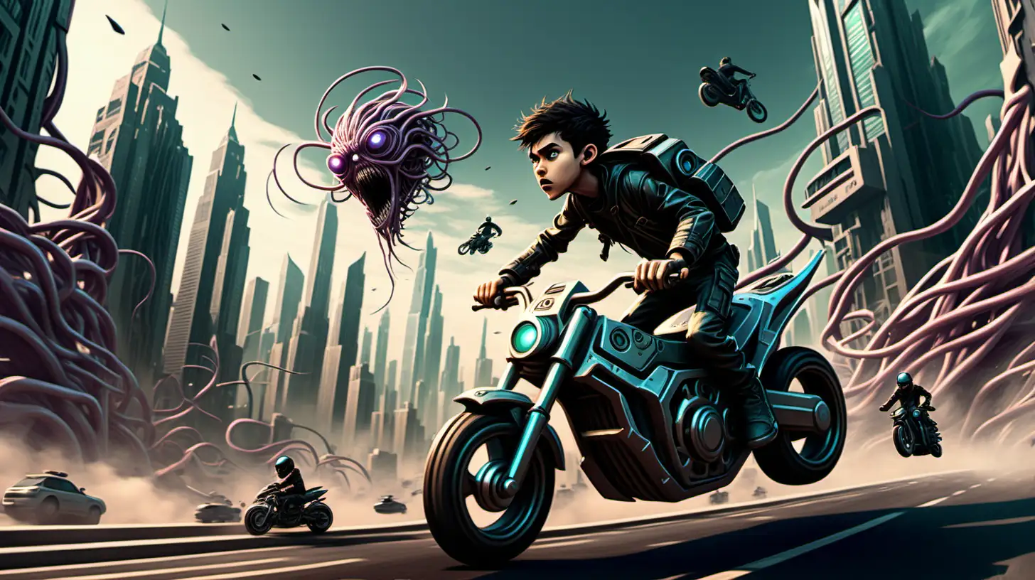 boy on a motorbike in a high speed chase across a futuristic city scape,  in the style of organic sculpting, 2d game art, lovecraftian, tangled nests, undefined anatomy, raw and unpolished, voidcore
