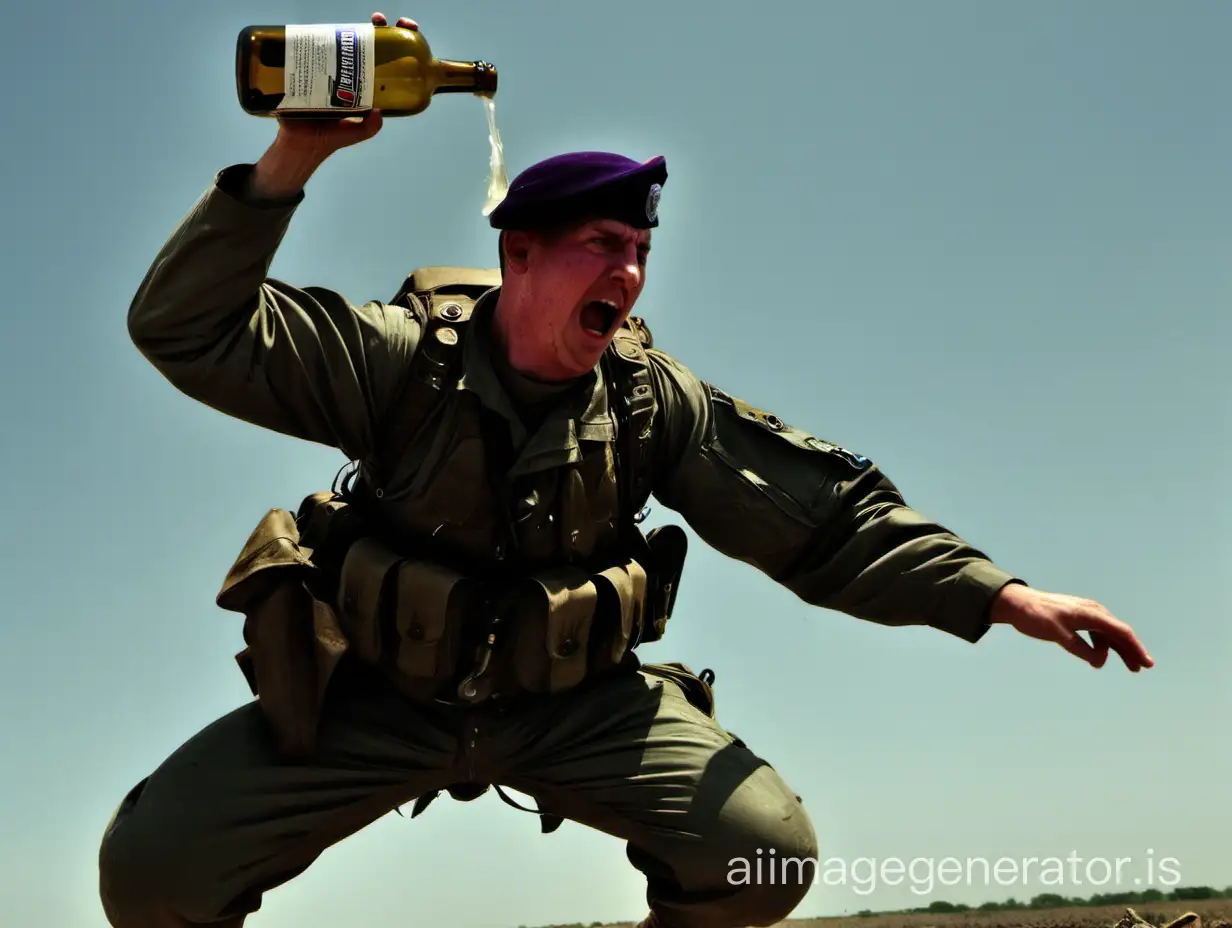 The paratrooper soldier smashes a bottle over his own head.