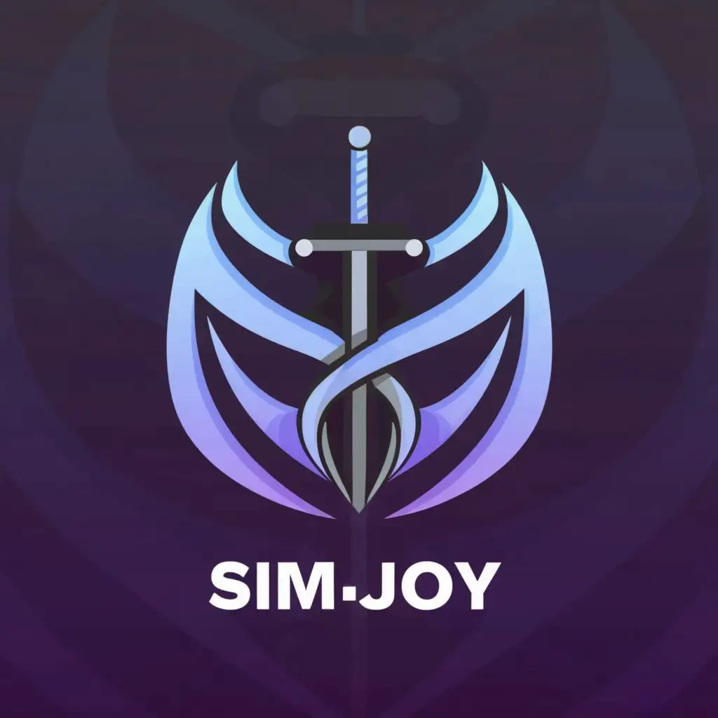 a logo design,with the text "SIMJOY", main symbol:a SJ logo with a sword in the middle, purple and black color, sharped edge, futuristic,Moderate,clear background