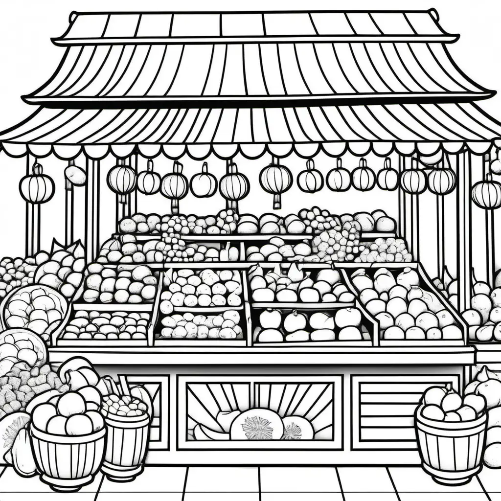 Coloring page for kids, low detail, no shading,  cartoon style, chinese new year, fruit stall
