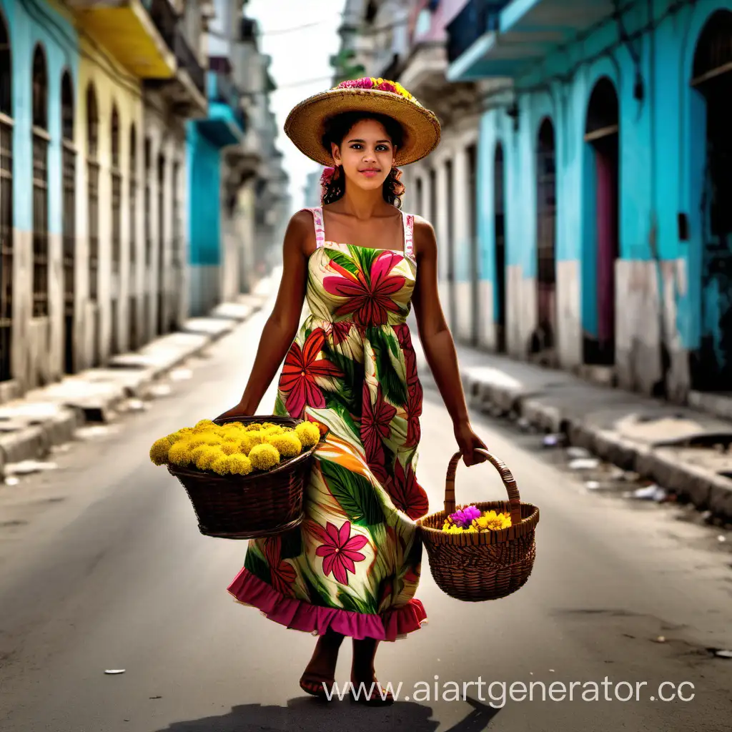 Cuban-Flower-Girl-in-Traditional-Dress-Carrying-Mariposa-Flowers-through-Havana-Streets