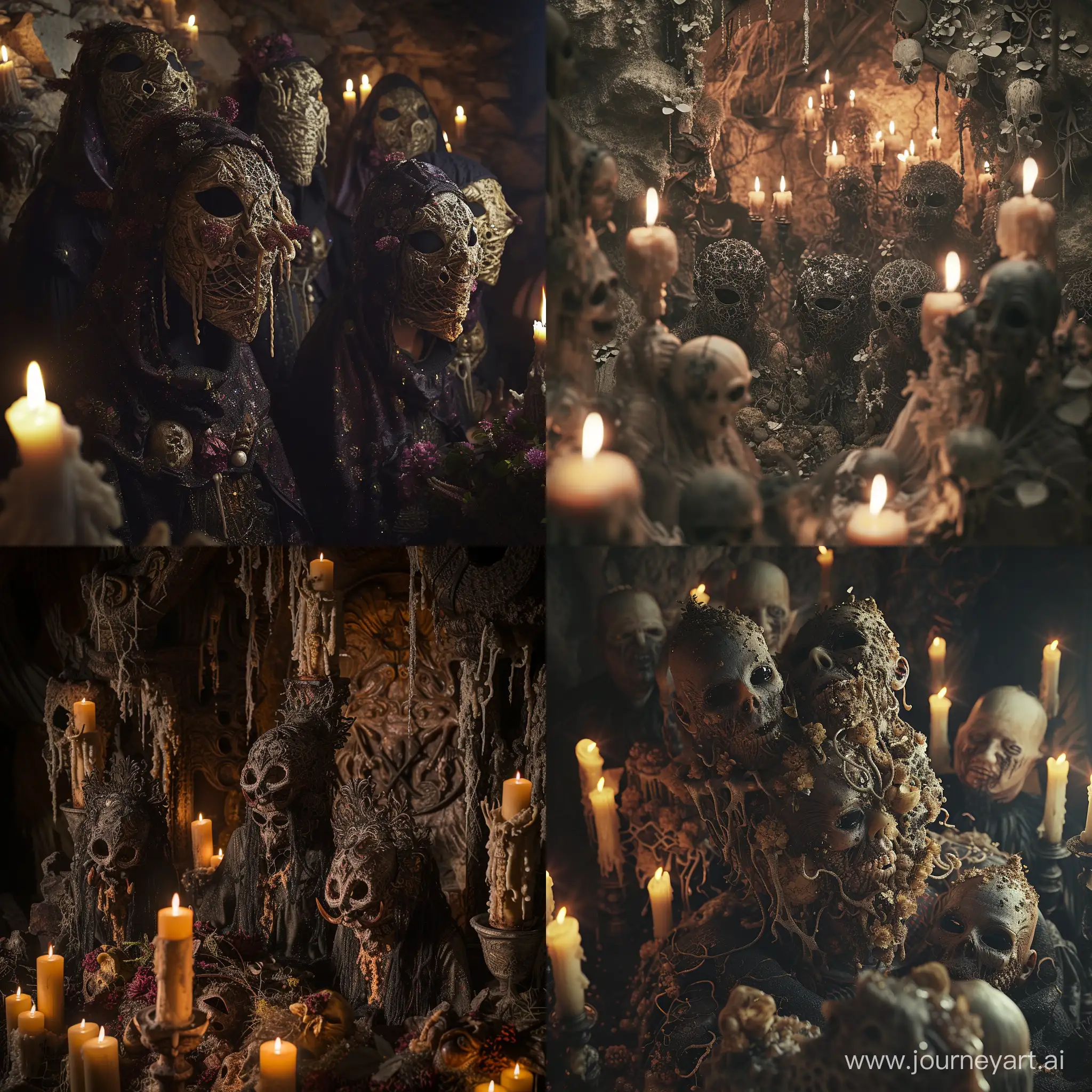 A photography of an Occult Odyssey that captures the essence of a dark and grudgy scene. The subject is a group of figures, with faces covered in intricate masks, performing a ritualistic ceremony surrounded by candles and shadows. The scene is intensely hyper - realistic, with every detail of the masks and the decorations capturing the essence of the occult. The camera angle is up - close and personal, drawing attention to the intensity of the scene, while the focus is sharp to bring out every detail of the masks and the individuals.