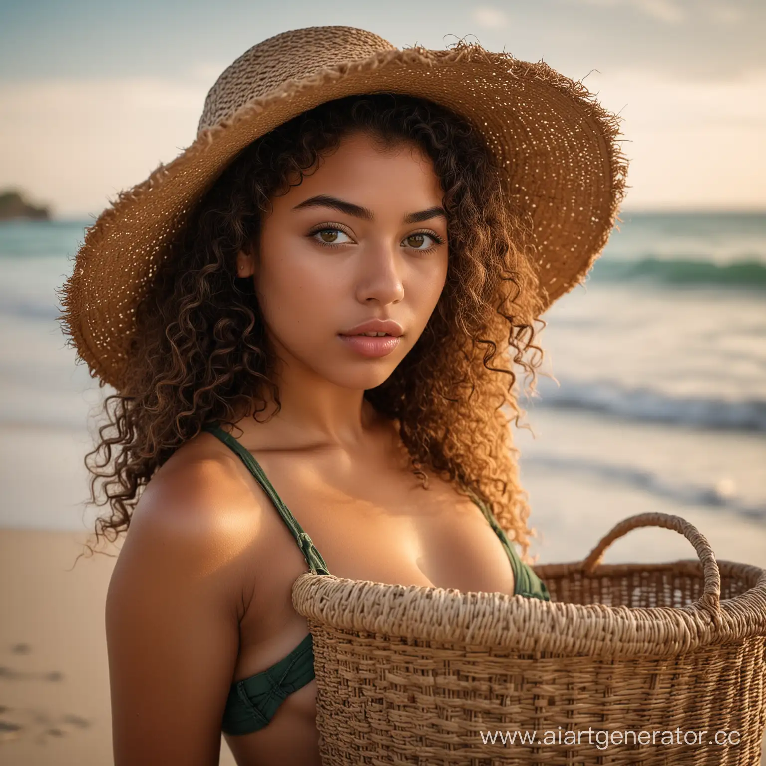 gritty candid raw full-body photo of a young 18 year old beautiful, big lips, Curlyhaired Curvy Mixed Danish Venezuelan Brunette with green eyes, nude on a beach wearing just a hat seductively holding a woven basket with Sony Alpha A6500 1.4f, bokeh, highly detailed, masterpiece 