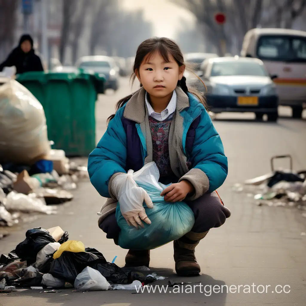 Маленькая девочка казахской внешности, лет 12 в старой одежде собирает мусор на улице, не китаянка
