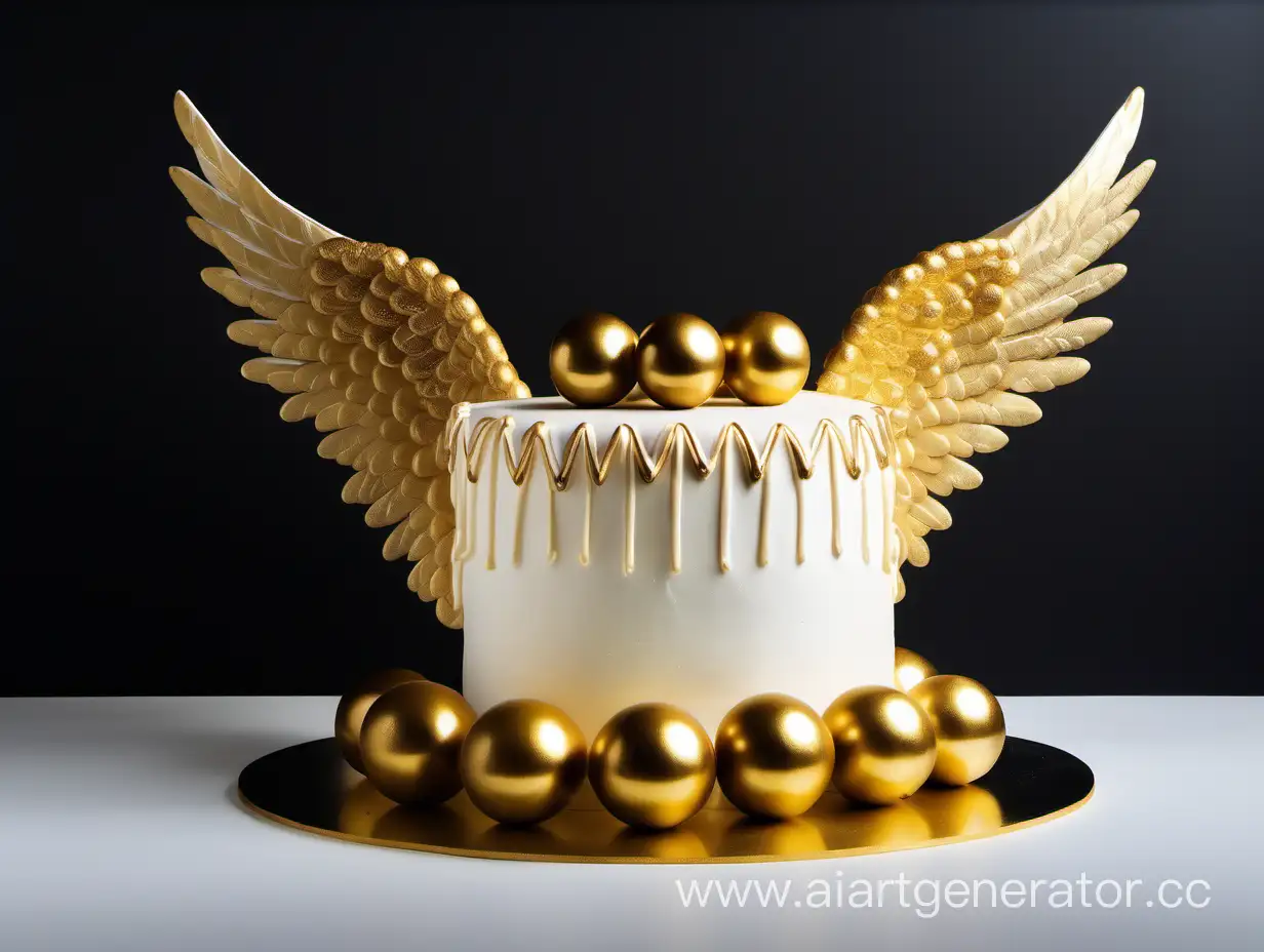 Белый кекс на левой стороне с маленькими золотыми крылышками ангела, фон чёерный, на заднем фоне большие объемные золотые шары