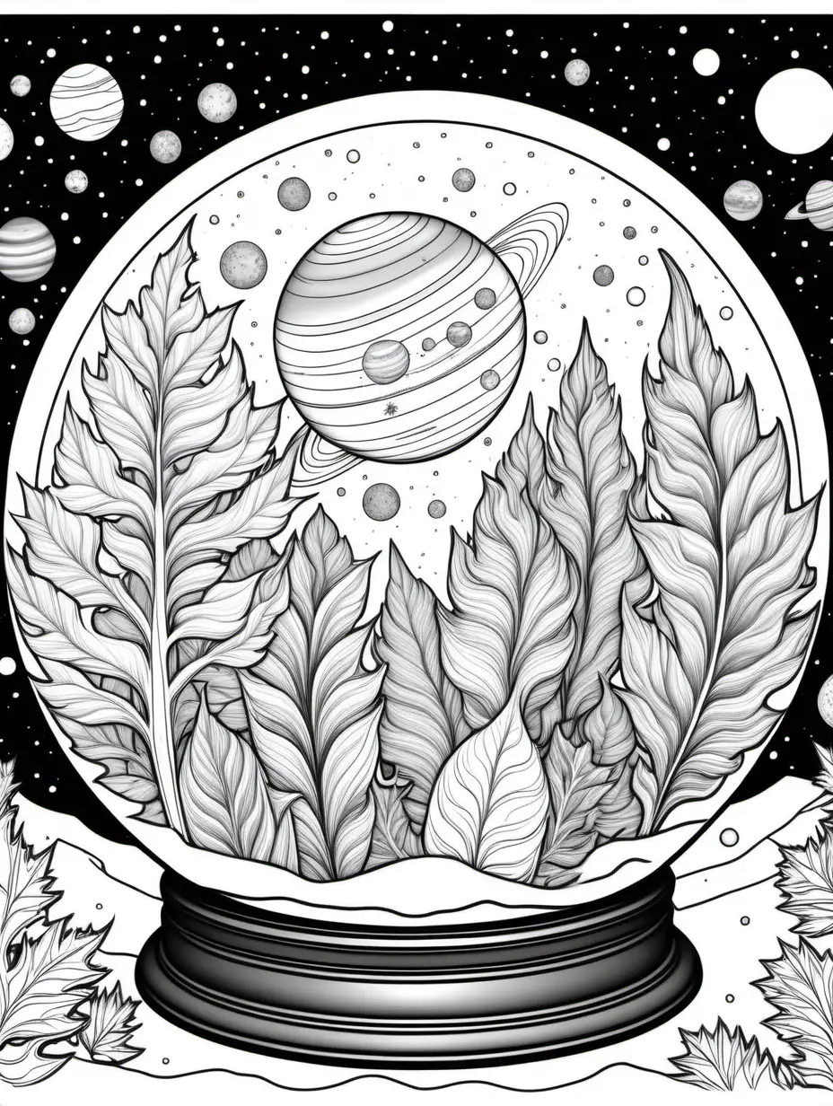 solar system coloring book, snow globe framed, detailed individual leaves, black and white, no shading, no background, thick black outline