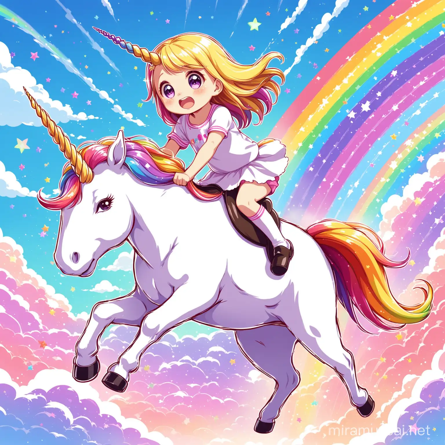 Insane, demented little girl riding a unicorn through a rainbow