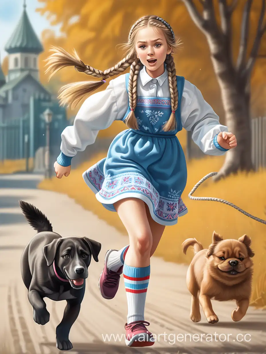 Девушка русская в спущенных носках и национальном мини-платье с длинными рукавами и косичками бежит от собаки, полный рост