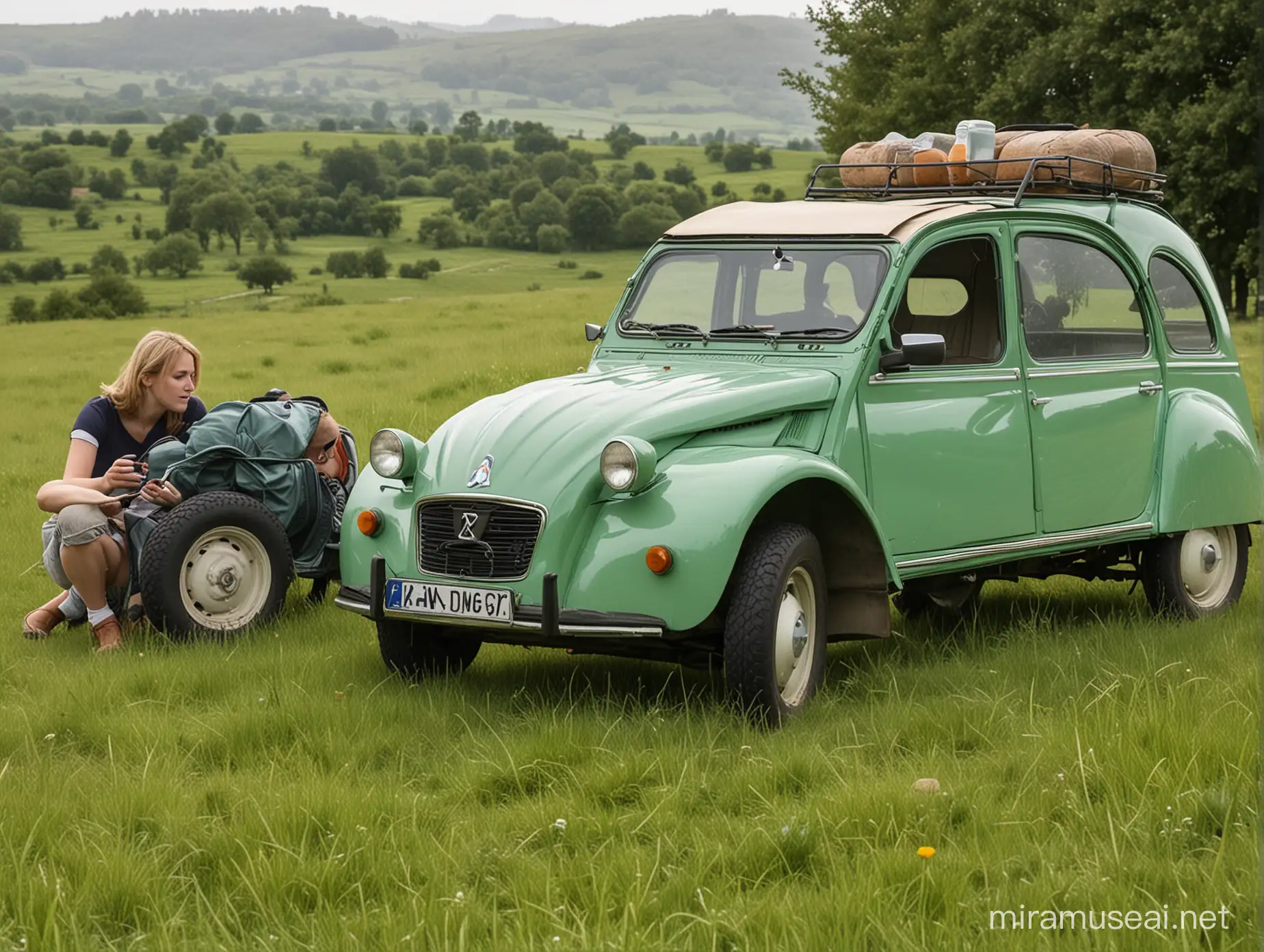 Three women parked a green Citroen 2CV in a meadow, with a bottle under the rear wheel and a stone under the front wheel.