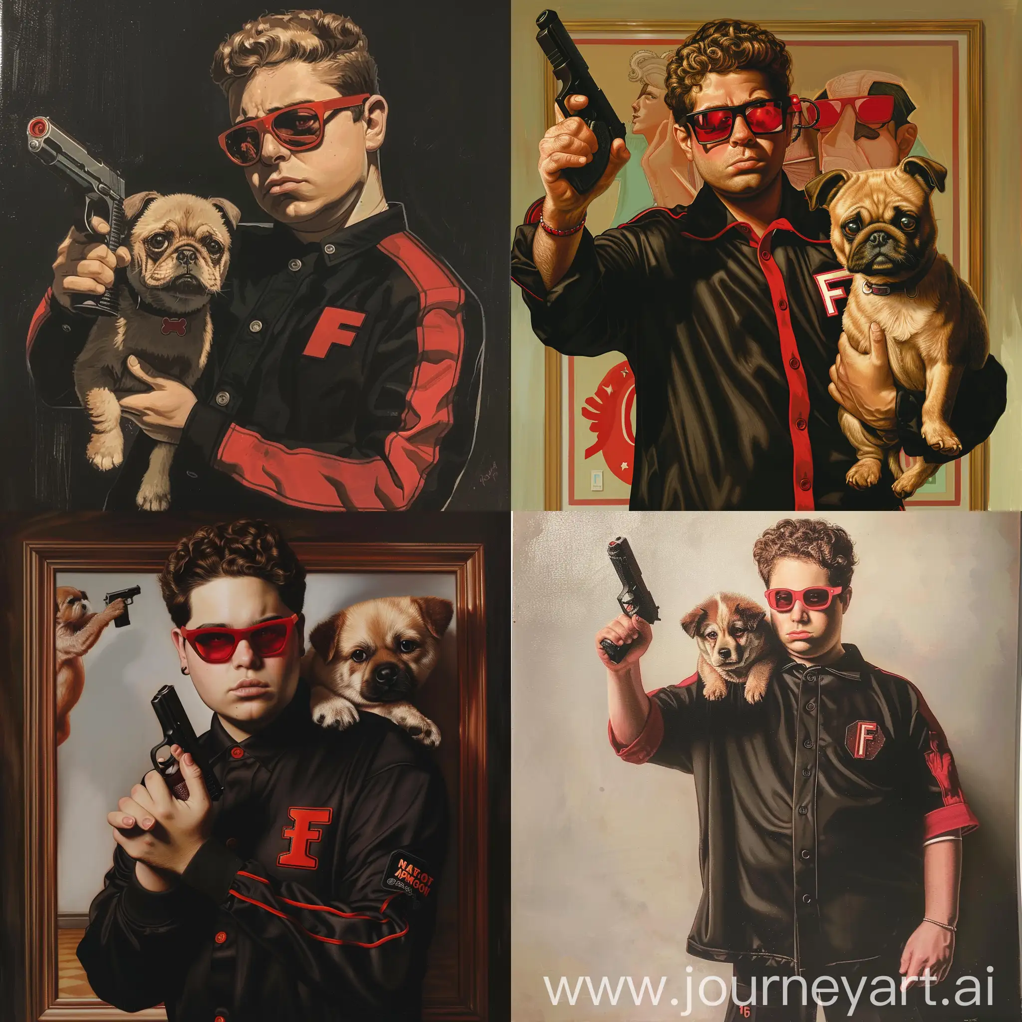 In the style of and looks just like the classic National Lampoon magazine cover with the man holding a gun to a sad puppy. the man is a chubby teenager who looks just like Actor Jonah Hill. he is wearing all black, a black button baseball shirt with red trim and a red F on the left chest, red tinted sunglasses. He is holding a gun to a sad puppy's head. no text