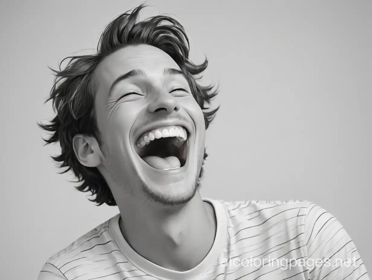 A guy laughing so hard he can barely breathe, Coloring Page, black and white, line art, white background, Simplicity, Ample White Space. The background of the coloring page is plain white to make it easy for young children to color within the lines. The outlines of all the subjects are easy to distinguish, making it simple for kids to color without too much difficulty