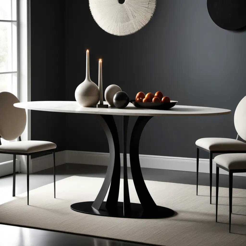 Maak mooie eetkamertafel met een super modern ijzer onderstel met ronde abstracte vormen en een deens ovale blad
