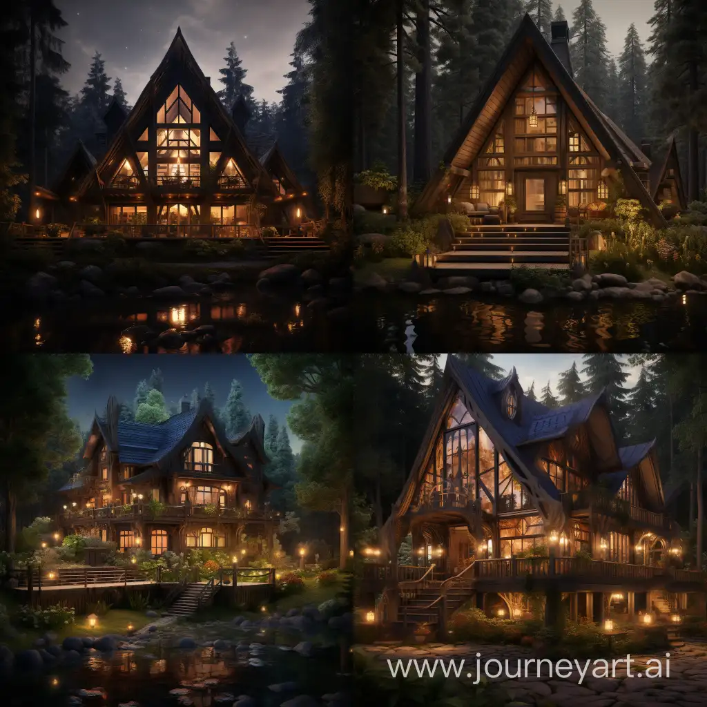 Создай большой деревянный дом в темном лесу