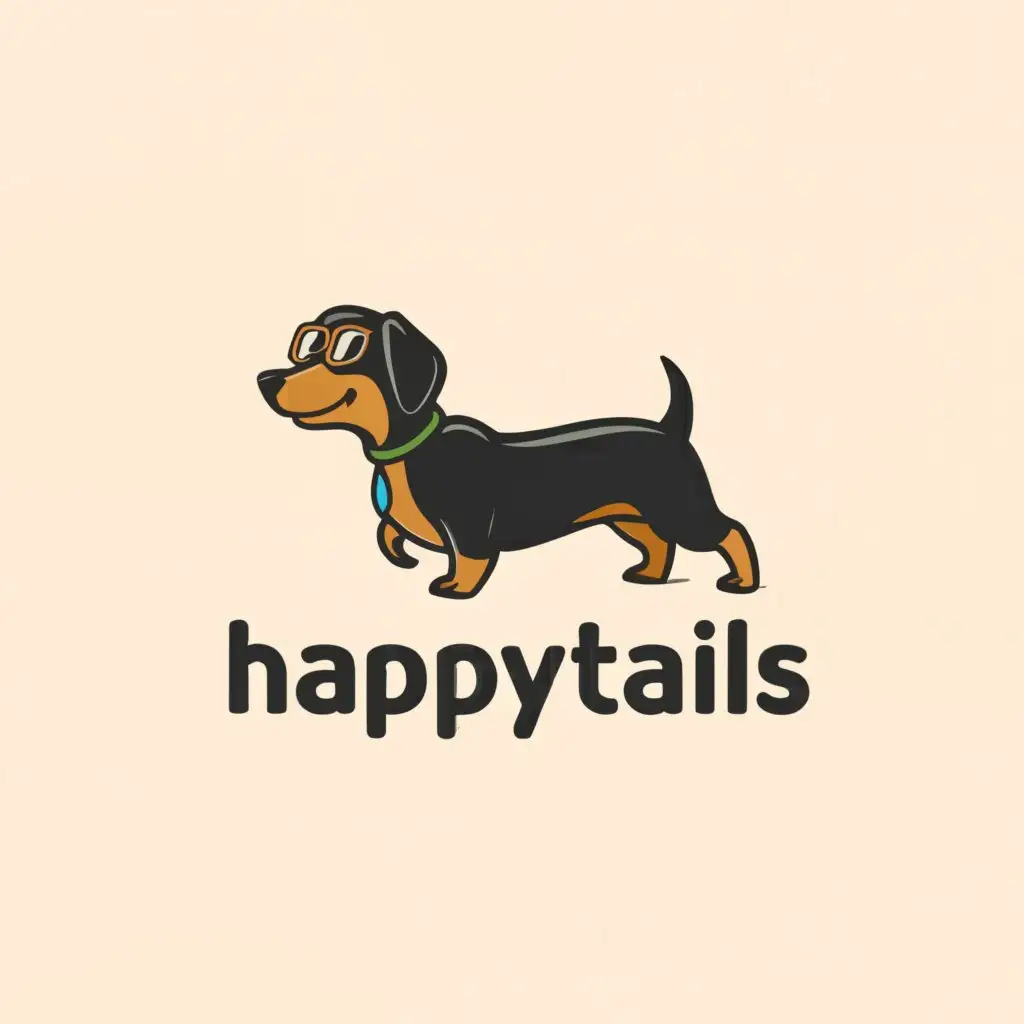 a logo design,with the text "Happy Tails", main symbol:puppy black and tan dachshund with sunglasses,Moderate,be used in Animals Pets industry,clear background