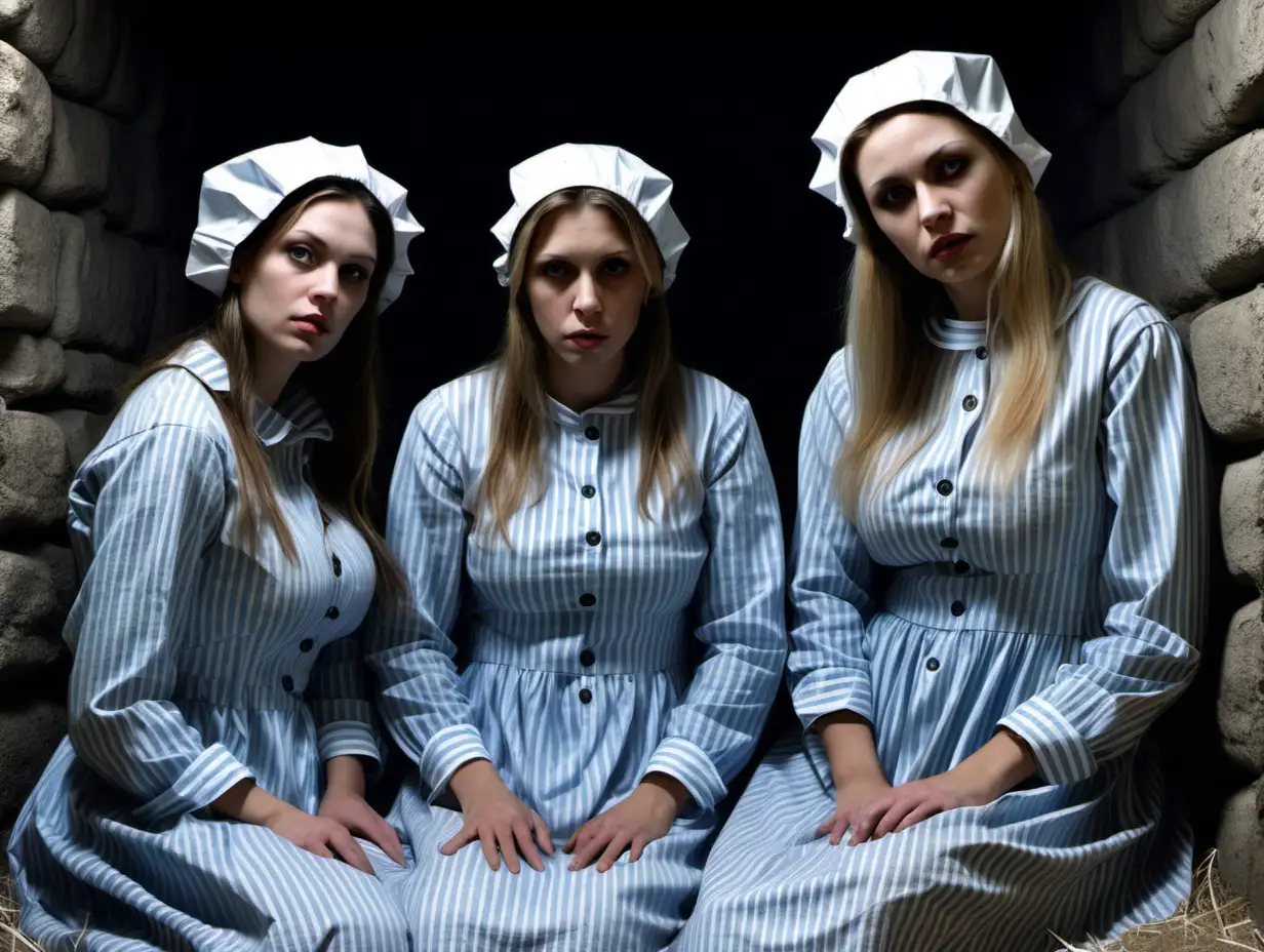 Three busty prisoner woman (30 years old, same dress) sit on hay on the ground (far from each other)in a dungeoncell (Stone walls, small window) in dirty ragged blue-white vertical striped longsleeve midi-length buttoned gowndress(smallshortbonnet , collarless, roundneck, sad and desperate), look into camera