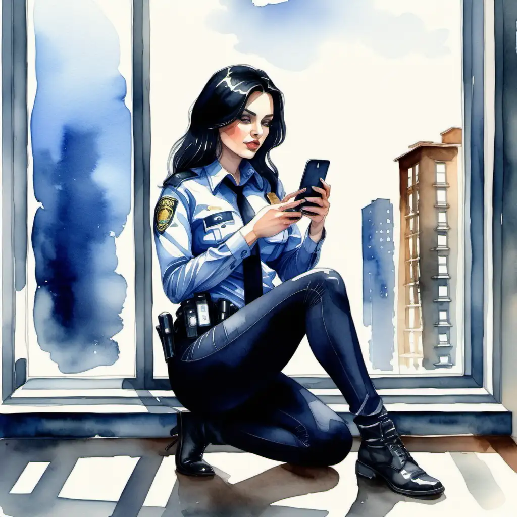 Sultry Police Officer Engrossed in Smartphone in Contemporary Setting