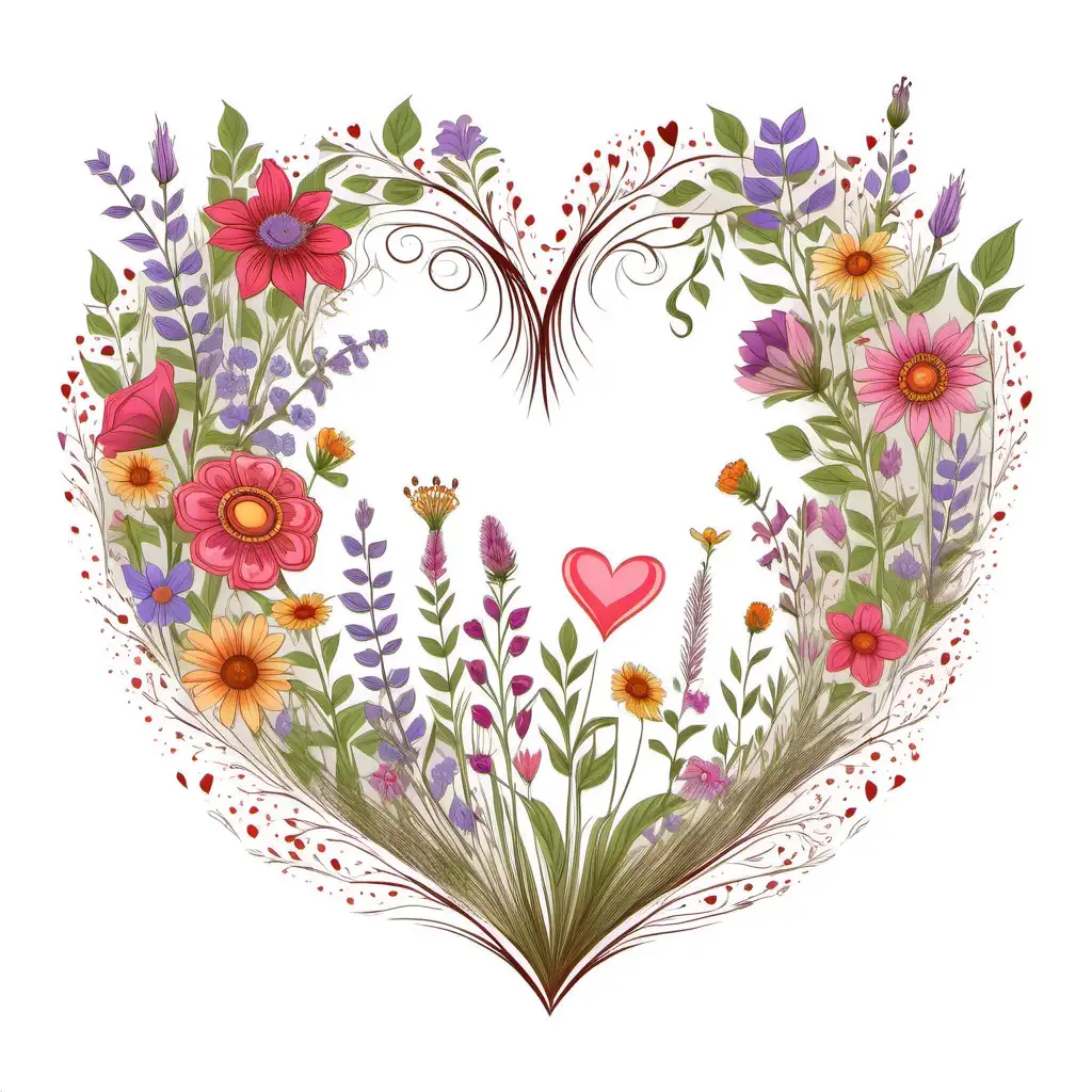 fairytale style boho valentine heart with wildflowers,vector, white 
background 