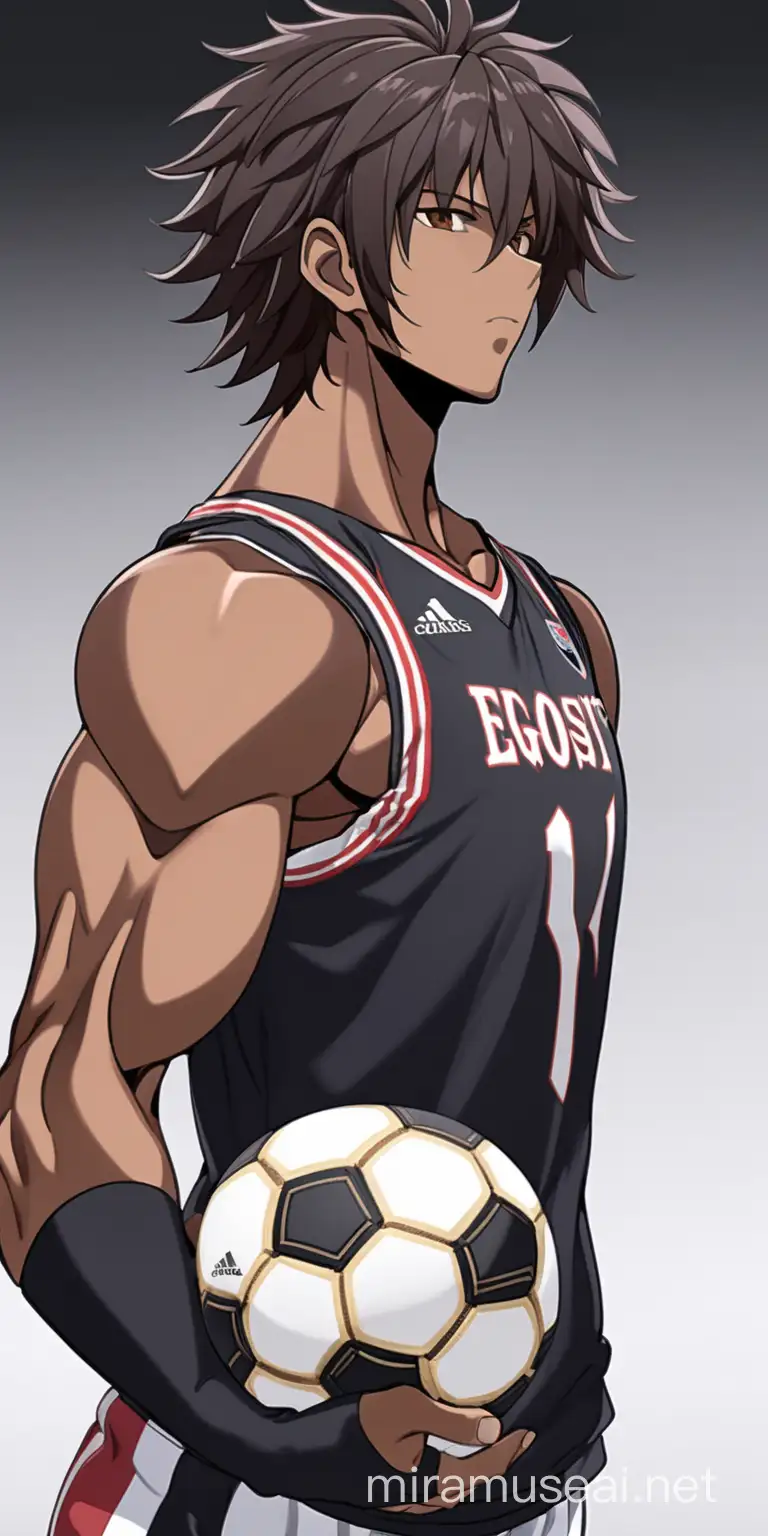 Egoist, anime character, dark skin, male, black hair, brown eyes, hair length that reaches nose, full body, fade on the sides of head, sports, football, muscular, 5,8