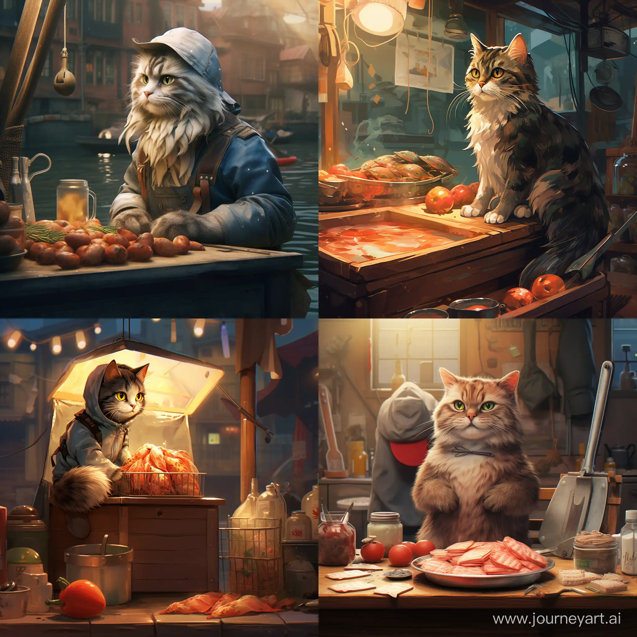 кот торгует рыбой