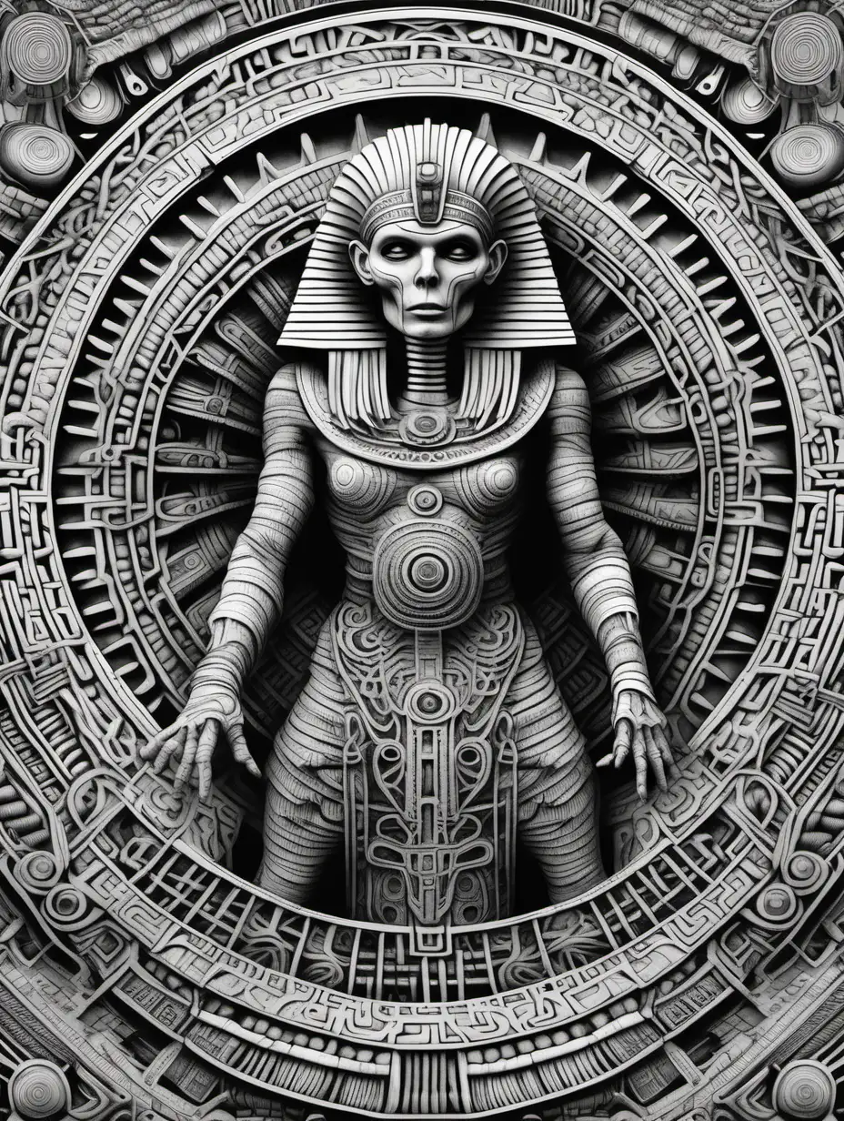 Adult coloring book page. High details. Black and white. No grayscale. Open spaces for coloring. Perfect symmetry mandala scaled for ar 3:4. Ancient mummy in front of pyramid, in style of H.R. Giger.