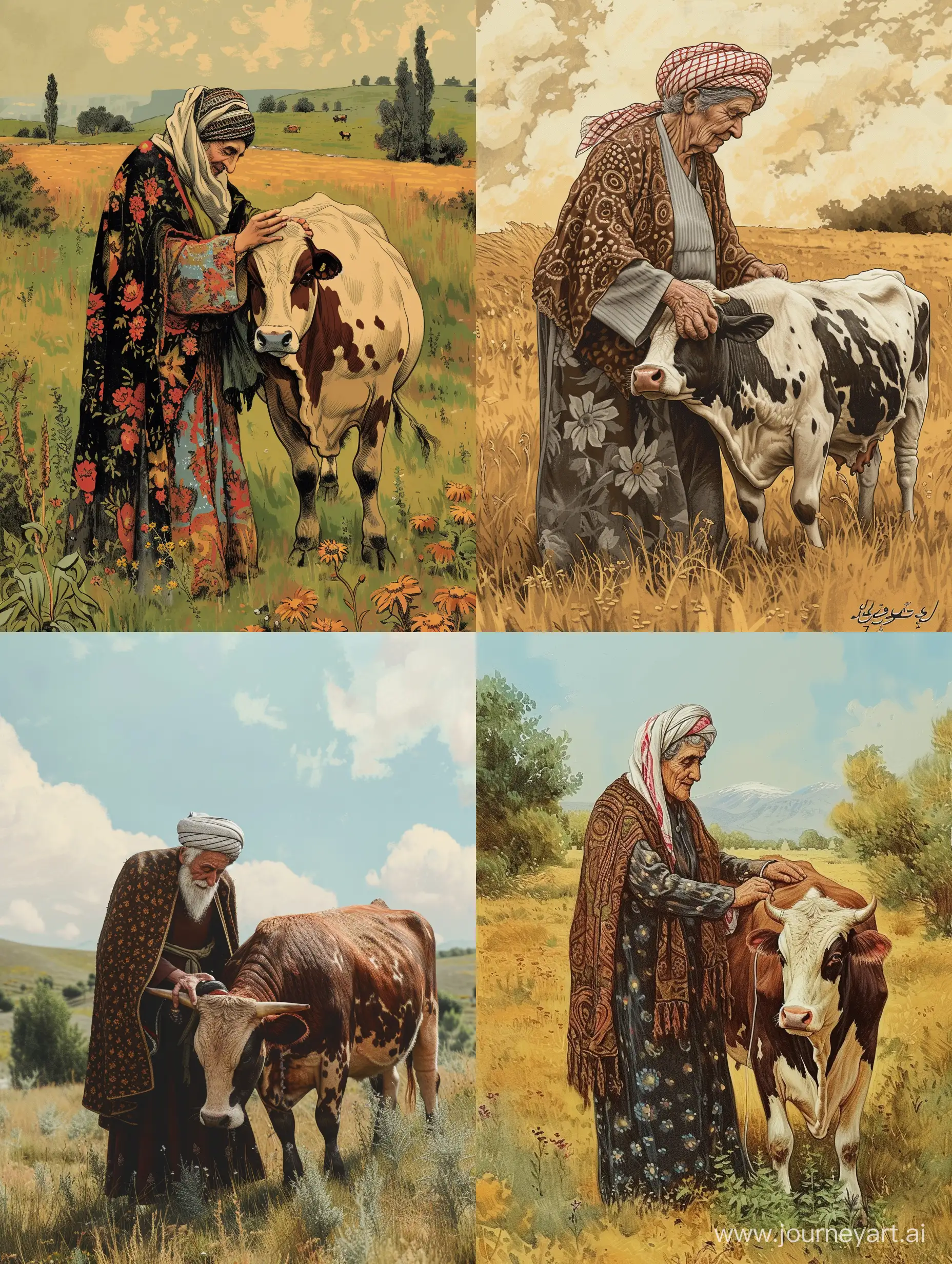 an iranian old woman in traditional clothing milking a fatter cow in the middle of a field in old style illustration, detailed, cs 5:7

 