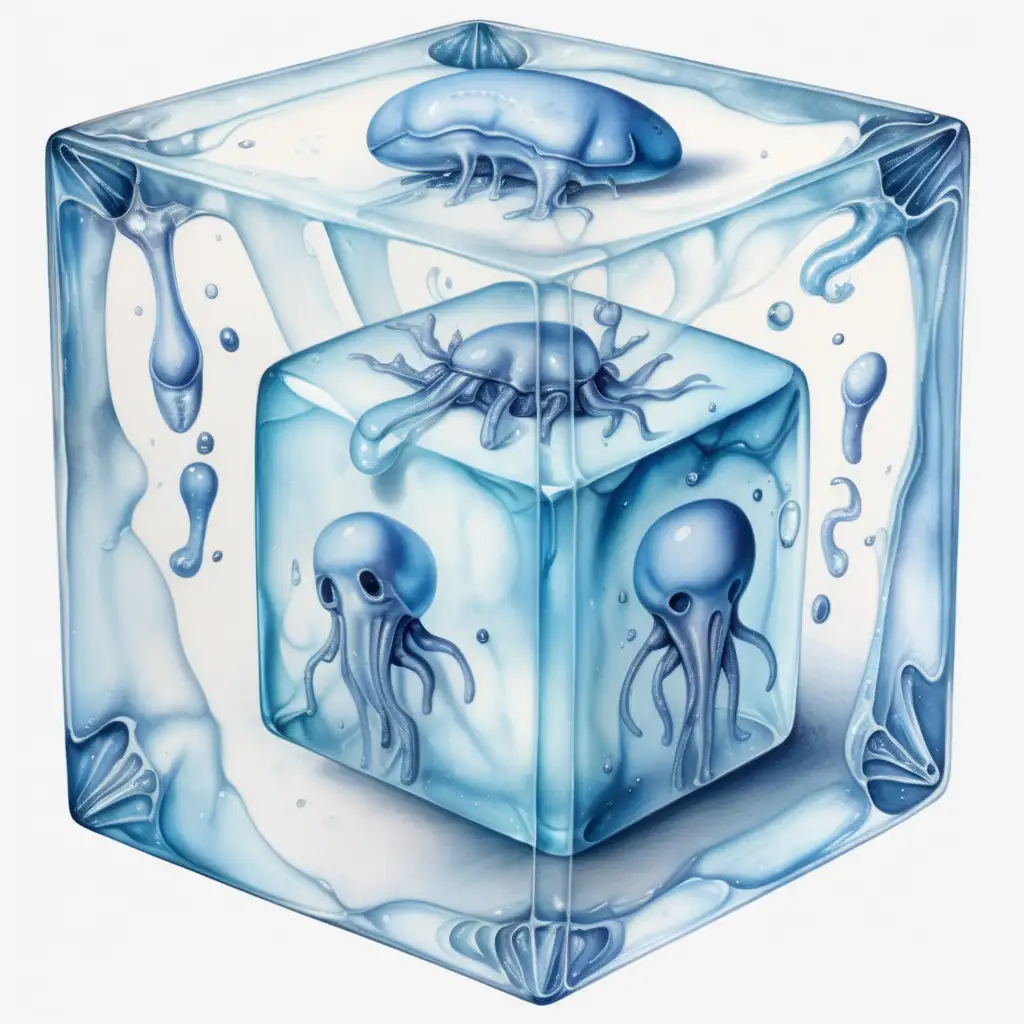 light blue Gelatinous Cube with body parts inside, watercolor drawing, no background