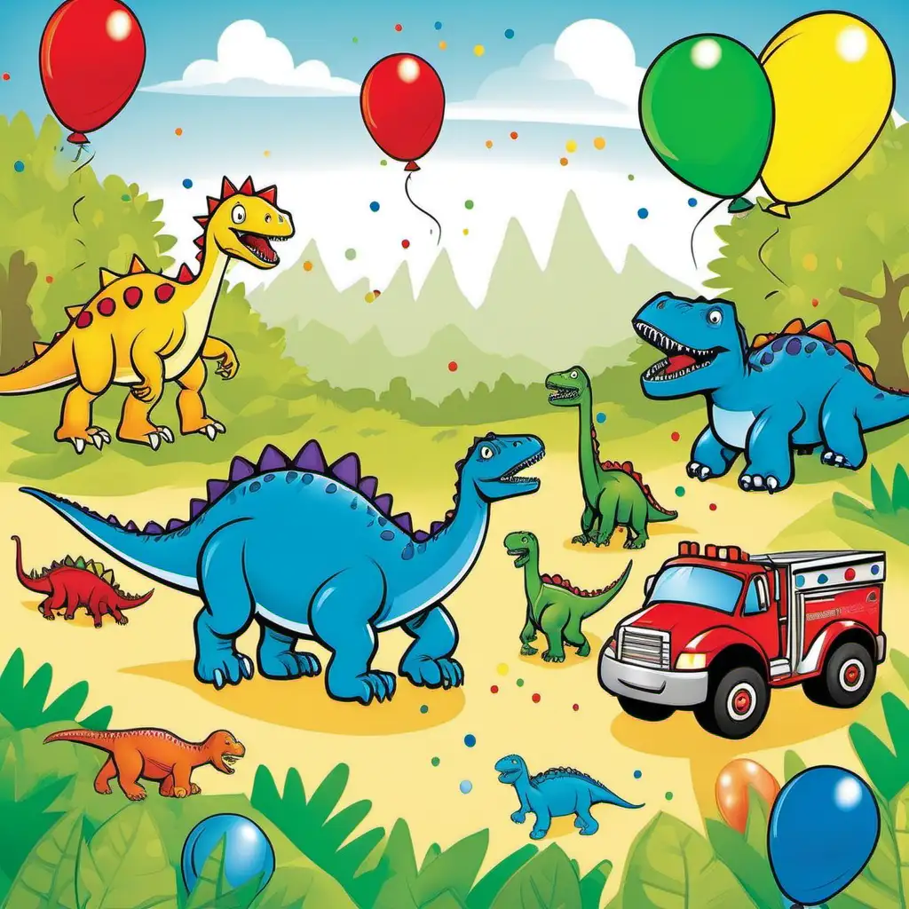Create a vibrant and cartoonish scene for a 2-year-old boy's birthday invitation featuring a playful world where friendly dinosaurs, shimmering bubbles, and various kinds of trucks coexist. Envision dinosaurs of different species frolicking among oversized, colorful bubbles and an assortment of trucks like fire trucks, dump trucks, and monster trucks, all decorated with festive birthday motifs like streamers and balloons. The setting is a lush, green prehistoric landscape filled with joy and celebration. Incorporate a bright and festive color palette with plenty of greens, blues, yellows, and reds to make the scene pop. The style should be whimsical and child-friendly, inviting and perfectly suited for a young child's imagination. Leave a clear, central space in the design for later adding birthday party details like the child's name, date, time, and location of the party.