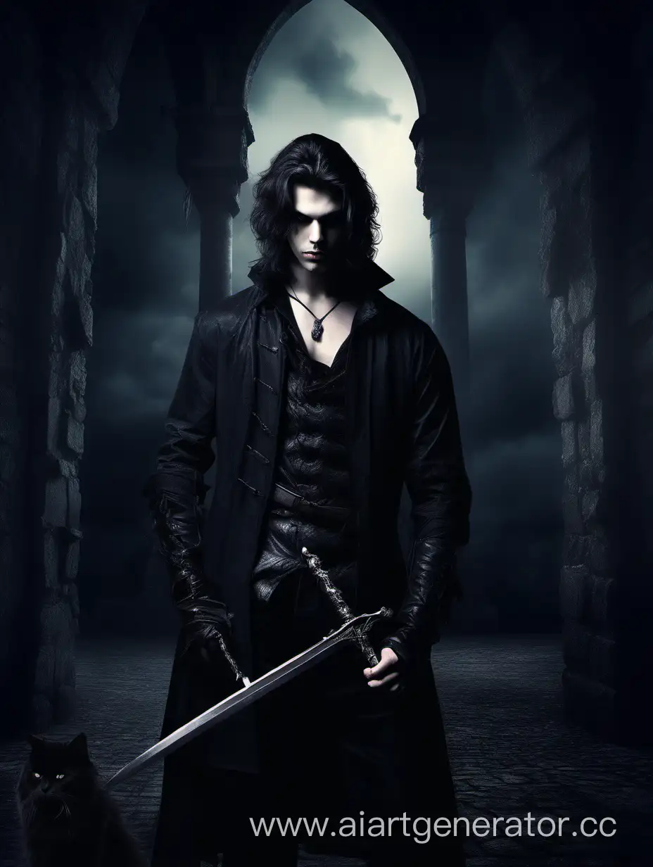 мрачный фон, средневековый замок, молодой человек, вампир, в руке кинжал, красиво, высокая детализация, приглушенное освещение, темная одежда, мейн-кун черный