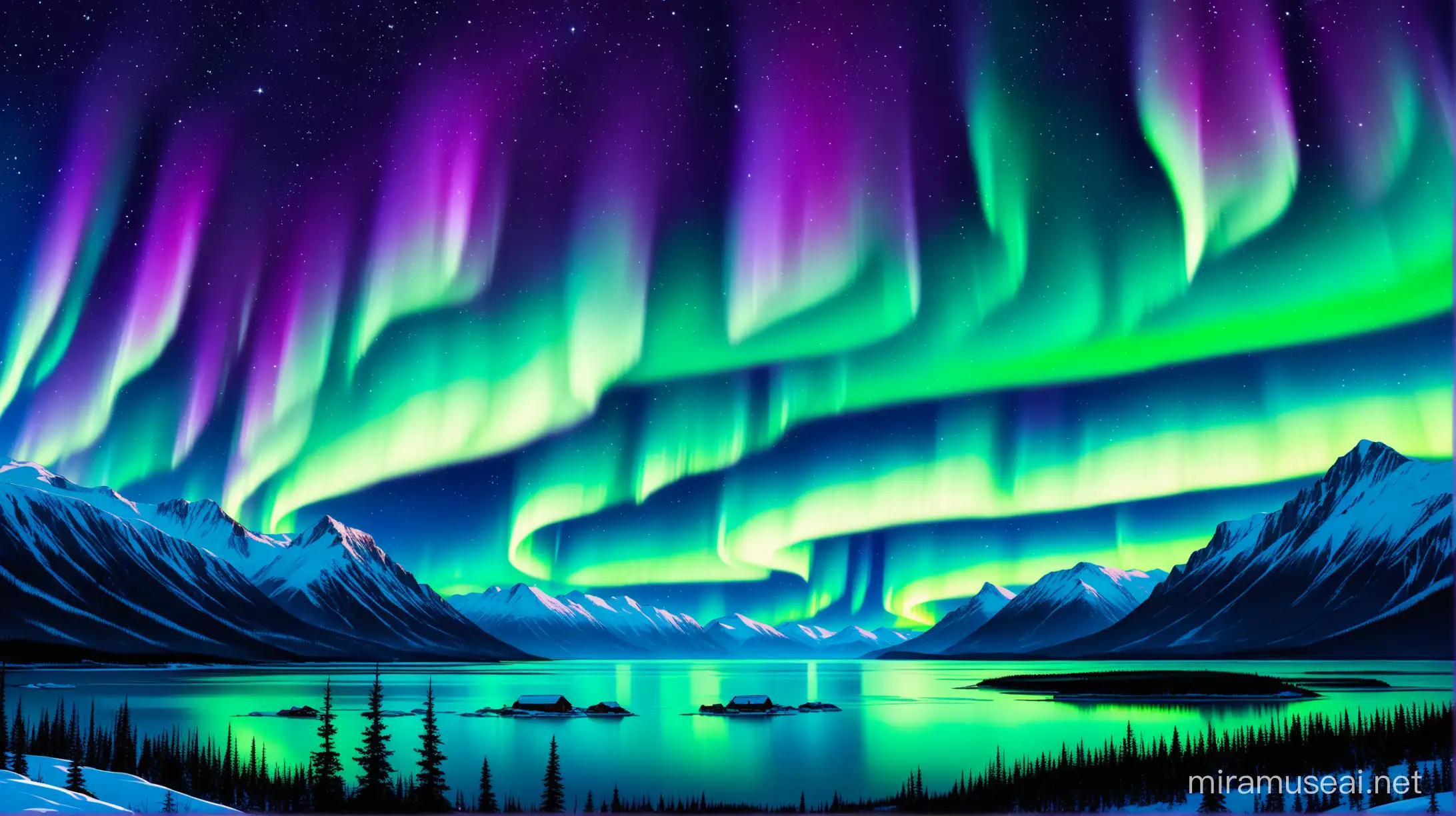 Northern lights, Teals, turquoises, violets, Stars, no mountains
