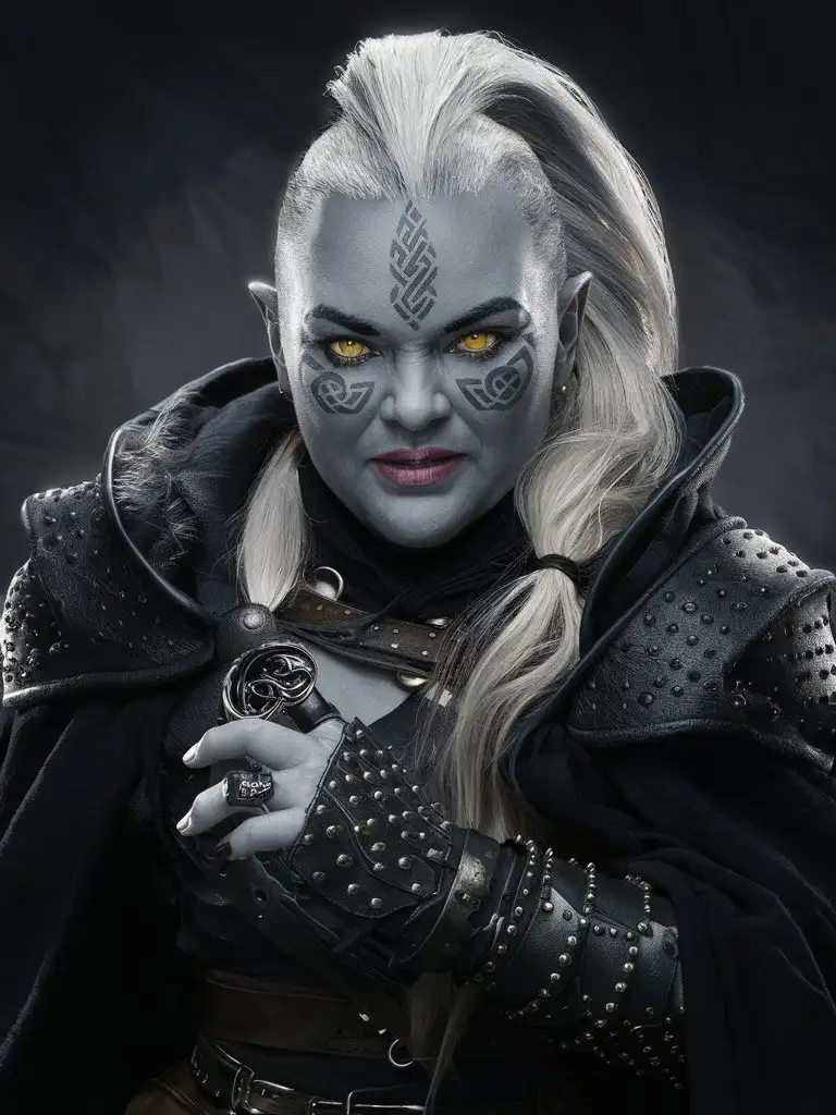 a female short dwarf with gray skin and yellow eyes. She has a celtic face tattoo. The hair is white in a mohawk ponytail. She is wearing a black studded leather armor with a dark cloak. on her finger she wears a magic ring with a compartment.
