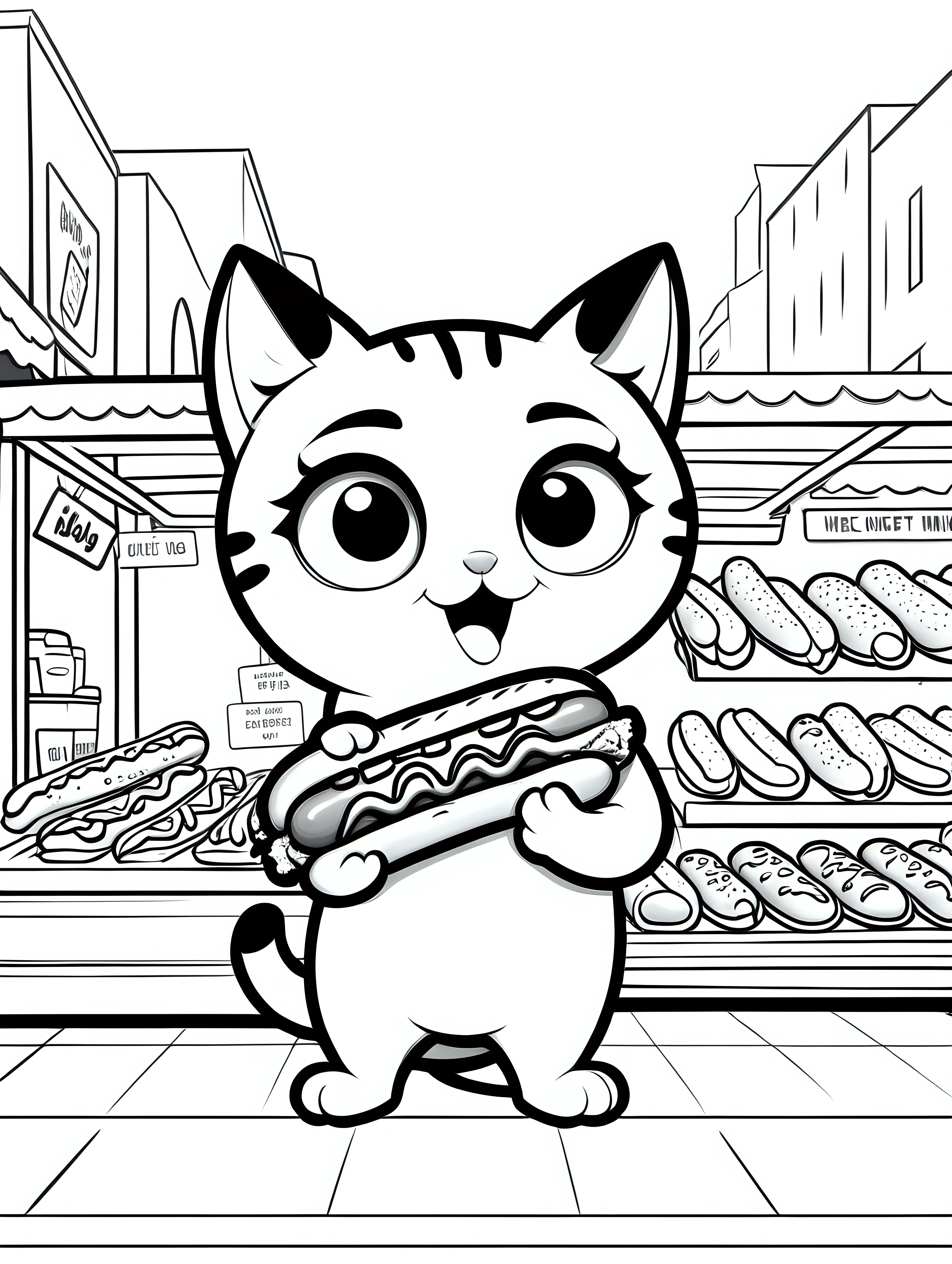 cute cat, eating a hot dog,  at the market, big cute eyes, pixar style, simple outline and shapes, coloring page black and white comic book flat vector, white background