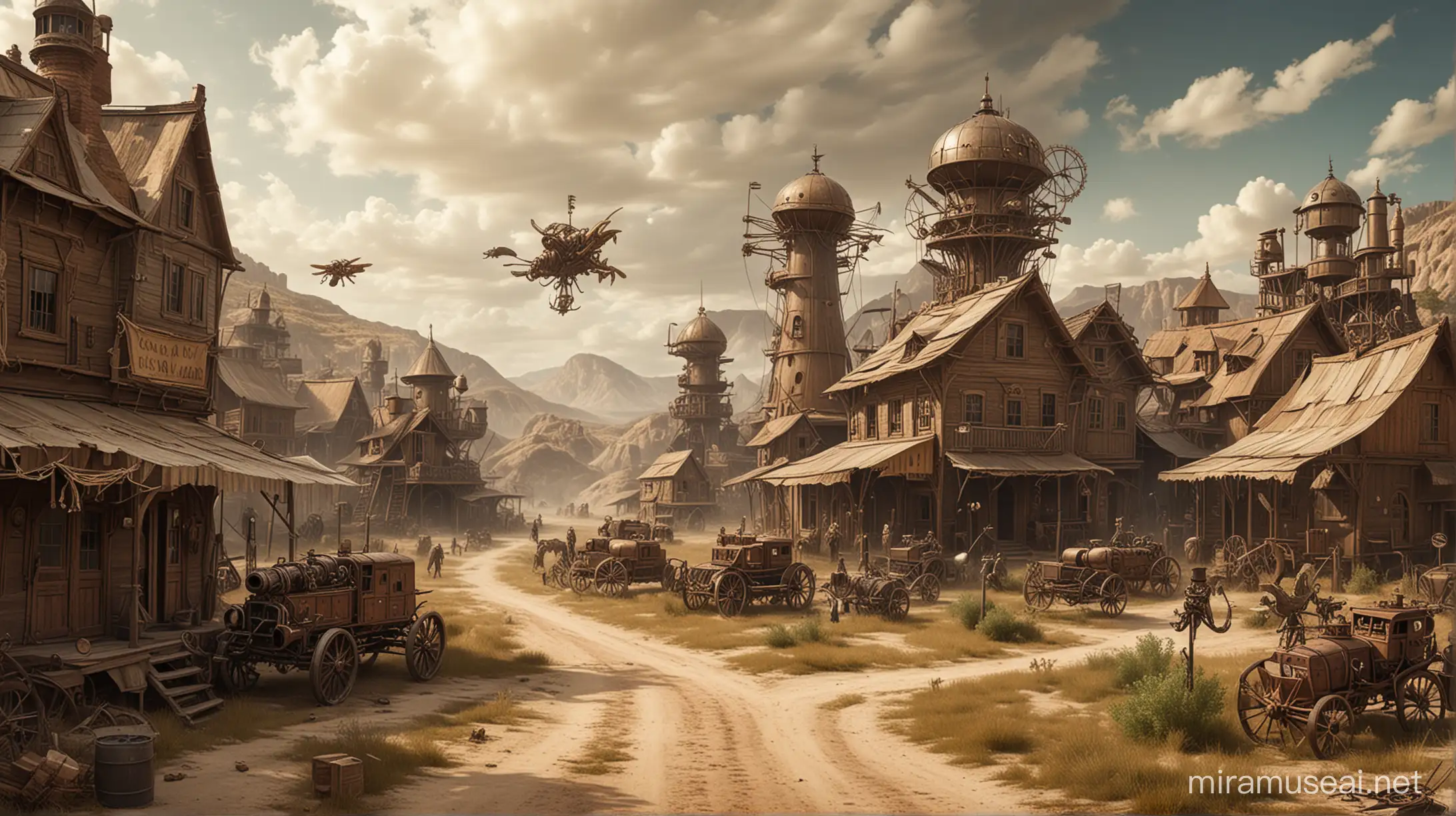 Steampunk Village Infested by Locust Plague