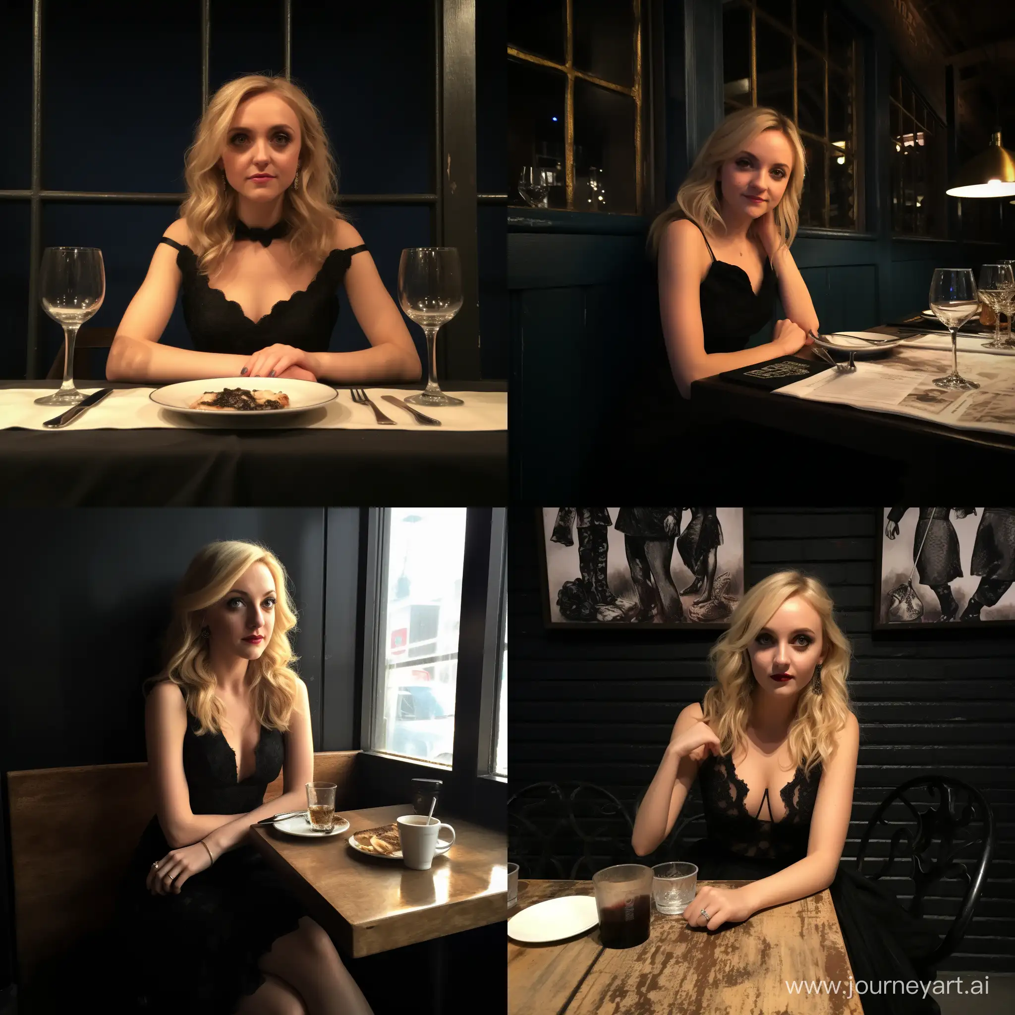 Evanna lynch sitting at a table in a black dress