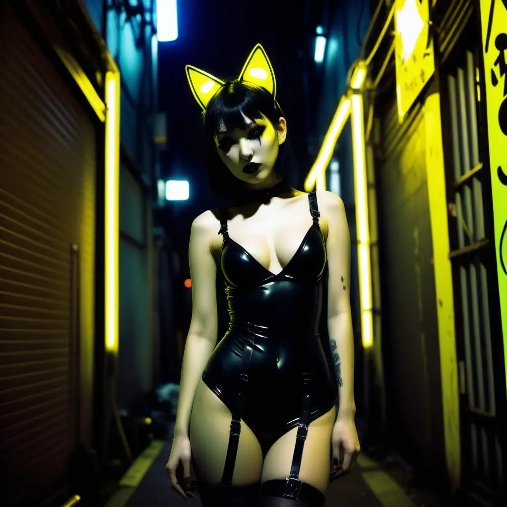 Goth girl. Night. Neon yellow lights. Black latex lingerie. Alleyway. Tokyo. Signs. Kitty ears. Nude.
