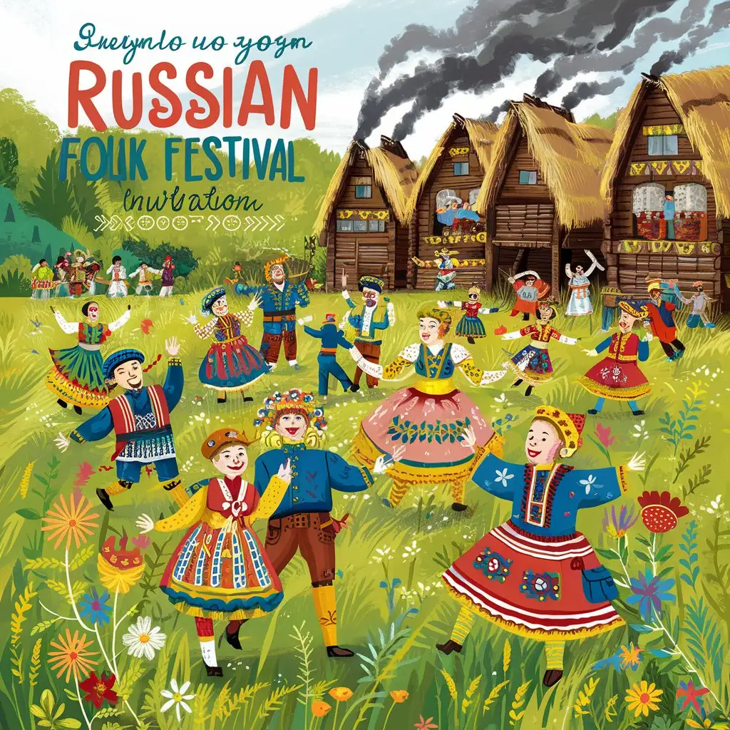 БЕЗ КОРНЕЙ И ТРАВА НЕ РАСТЕТ фольклорный фестиваль открытка приглашение мультяшно в русском народном стиле
