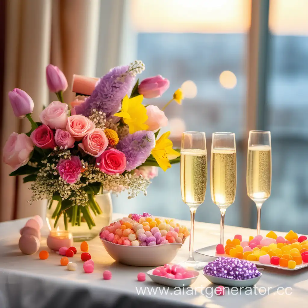 Elegant-Spring-Floral-Arrangement-with-Champagne-and-Candies
