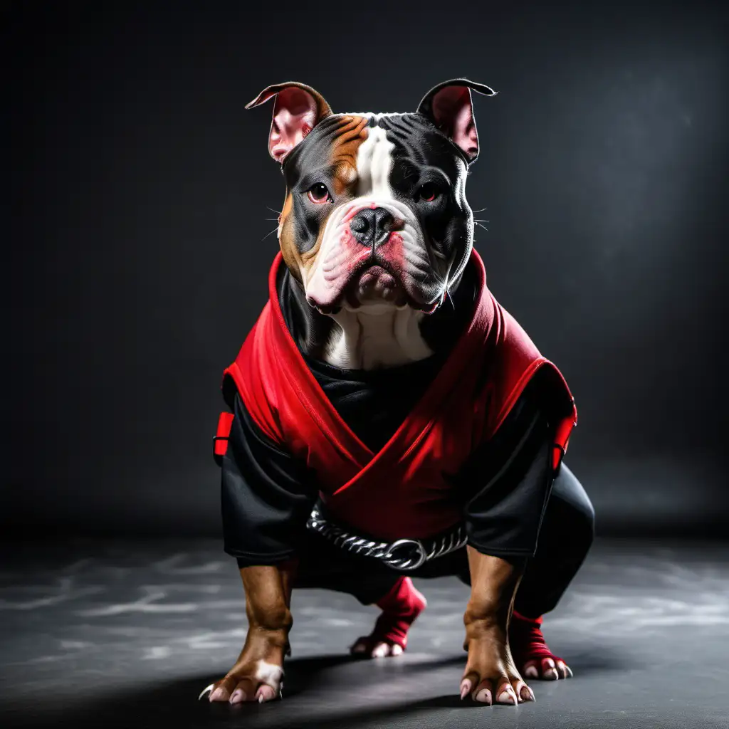 fierce 
strong american bully wearing a  black and red
ninja suit 

