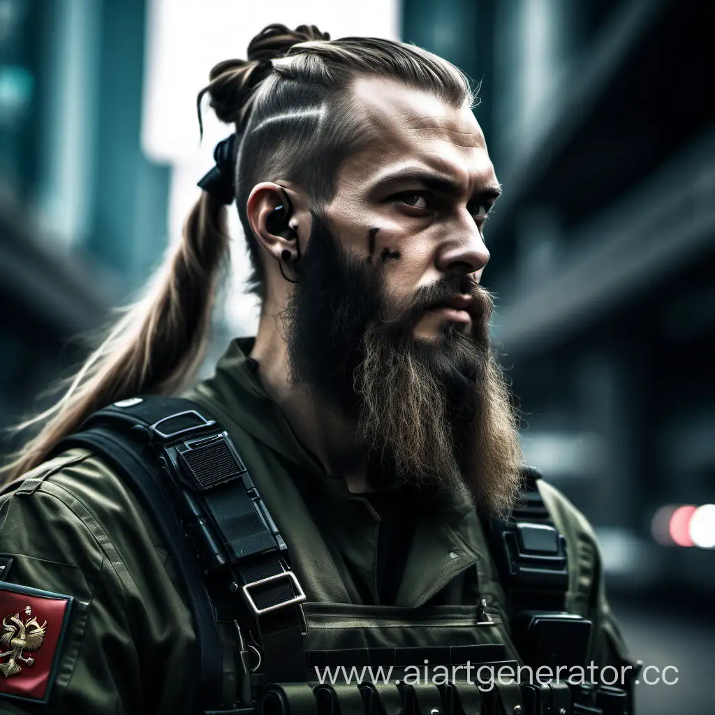 uomo russo, barba lunga, capelli lunghi legati dietro, stile cyberpunk, è un mercenario, vestito con vestiario militare
