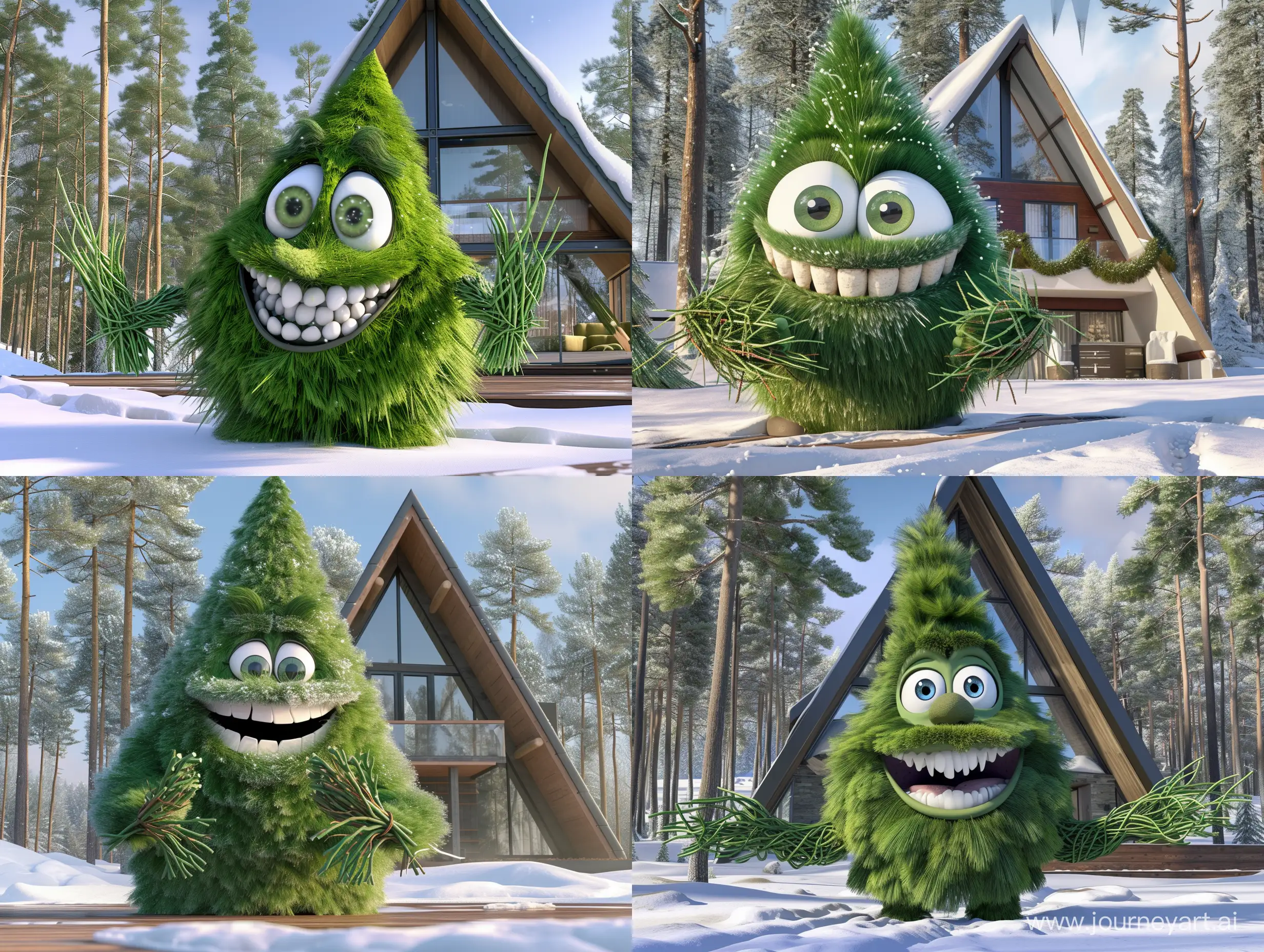 Cartoon green fluffy beautiful fir with a snow-white smile and large bewitching eyes and hands made of green twigs, in winter in a large forest with snowdrifts, behind a modern a-frame house, with high resolution and high definition 8k