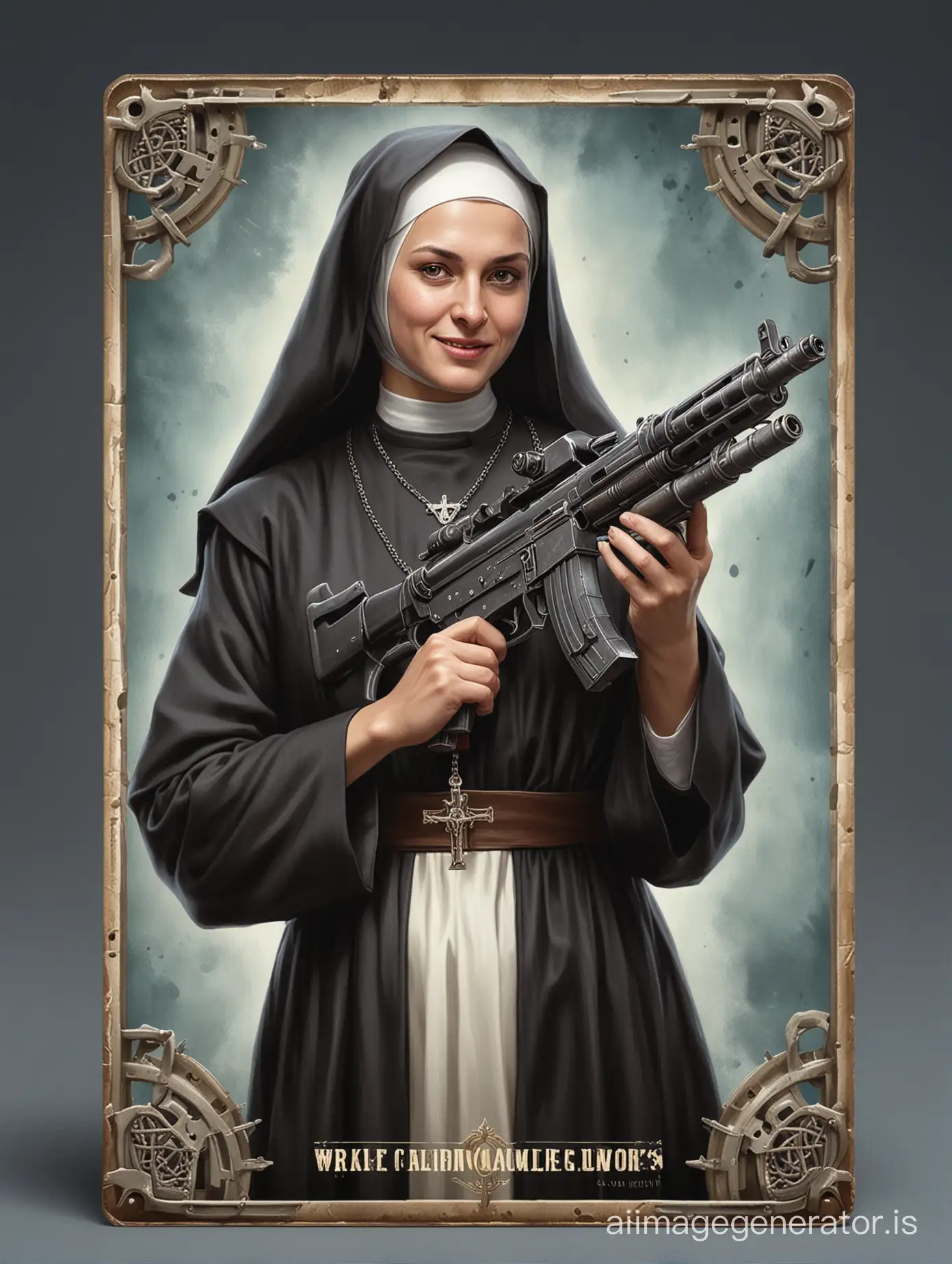 create a board game card depicting a nun holding a machine gun