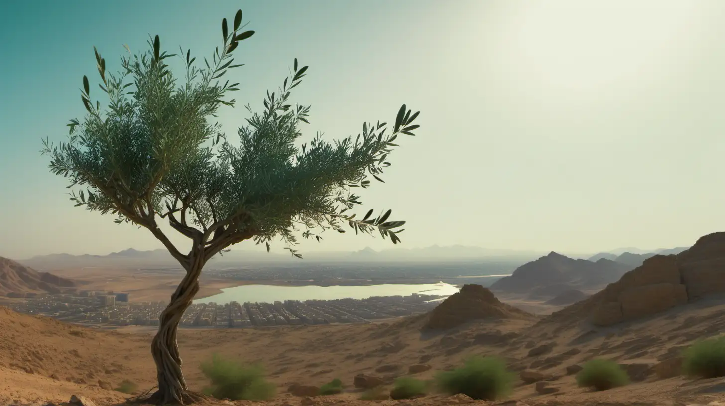 looking through a short olive tree branches on a small mountain at a close up of sermon platform, in the desert with a small lake near by, A distant city in Egypt with buildings in the background, Break of Dawn sky in the distance Ultra 4k, high definition, 1080p resolution, lighting is volumetric with a light greenish teal hue