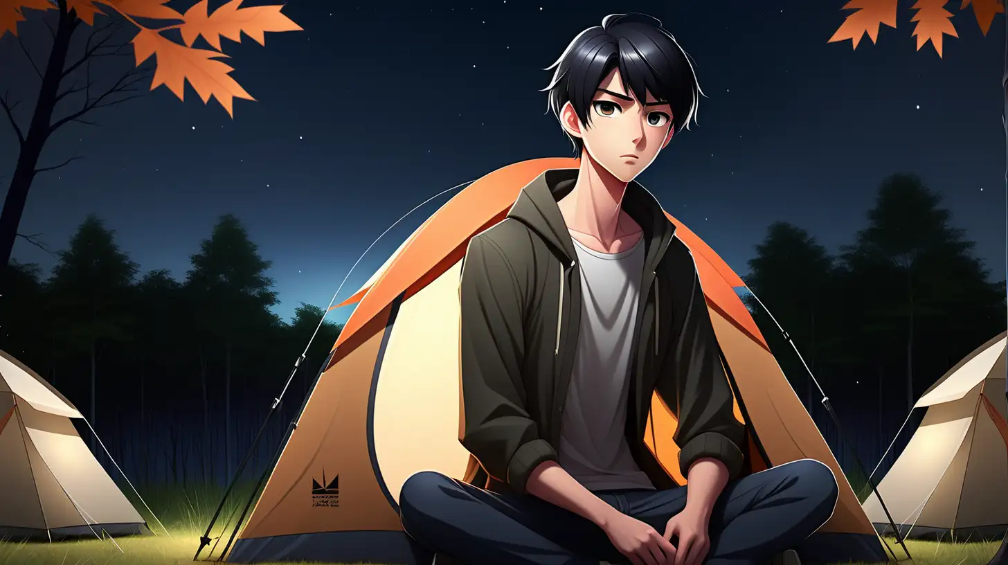 handsome anime young man, accommodation with a forest feel, is setting up a tent, black hair, modern clothes,  background with beautiful night sky, simple full color, high quality, lively eyes, dark, gloomy, dark color, natural eyes, hd, hyper realistic,