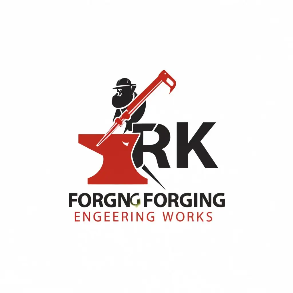 a logo design,with the text "R K FORGING AND ENGINEERING WORKS", main symbol:A guy striking hammer on anvil,Minimalistic,clear background