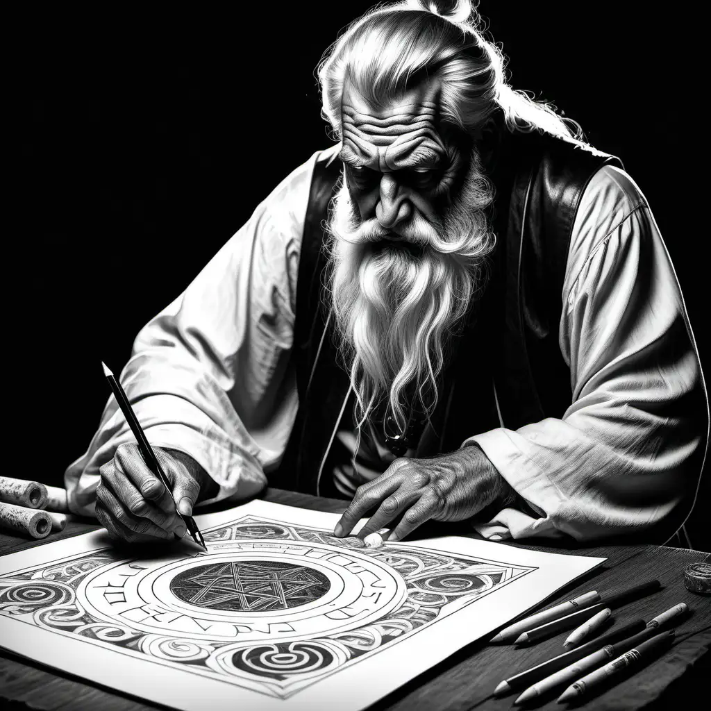 Detailed Adult Coloring Book Illustration Elderly Man Writing Arcane Runes on Magical Scroll