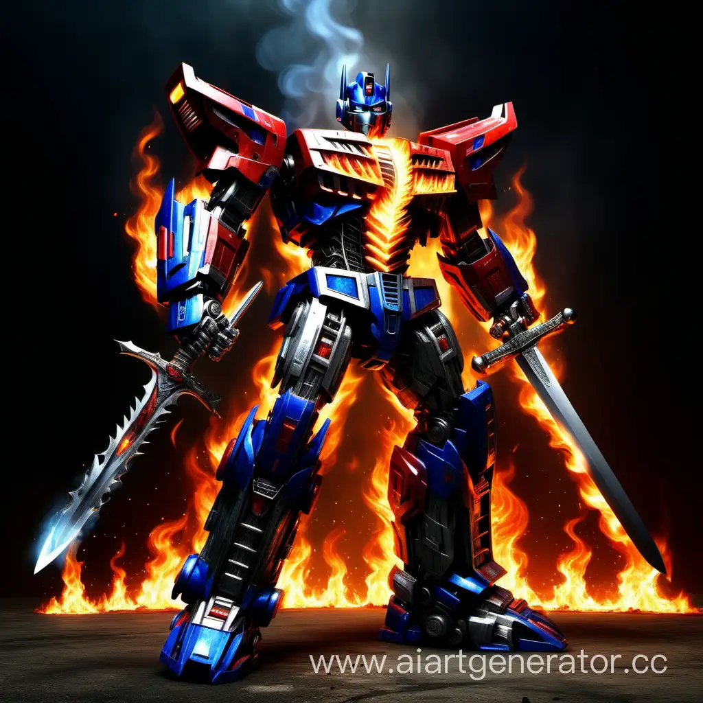 Robot Optimus prime, sword burning with a fiery flame, realistic style, high detail, background displays power