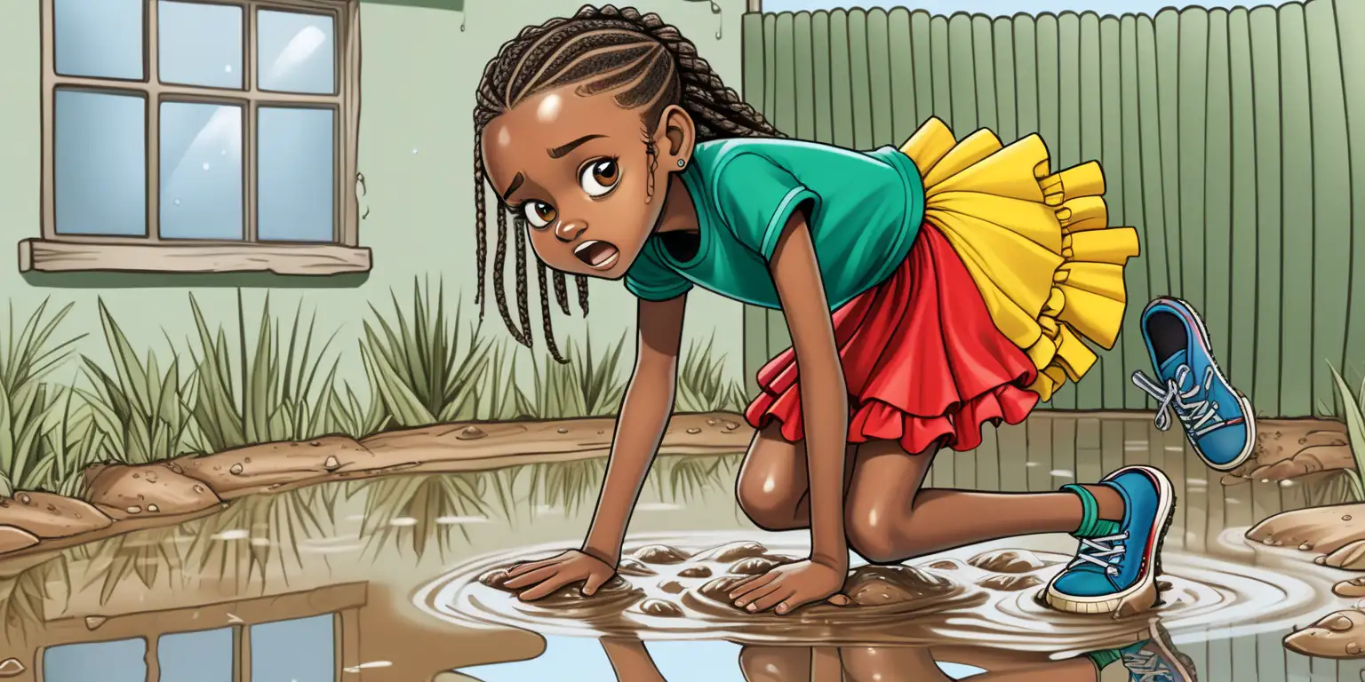 children's art illustration, full figure 10 year old african brown girl character fallen on her back in muddy water, drenched into a muddy puddle in front of her brown and green african home, cornrow hairstyle, wearing a red green yellow and blue 4 layered coloured ballet frill skirt, a green shirt, black sneakers, cute poses, shocked and sad expressions, full colour, front view, no outline