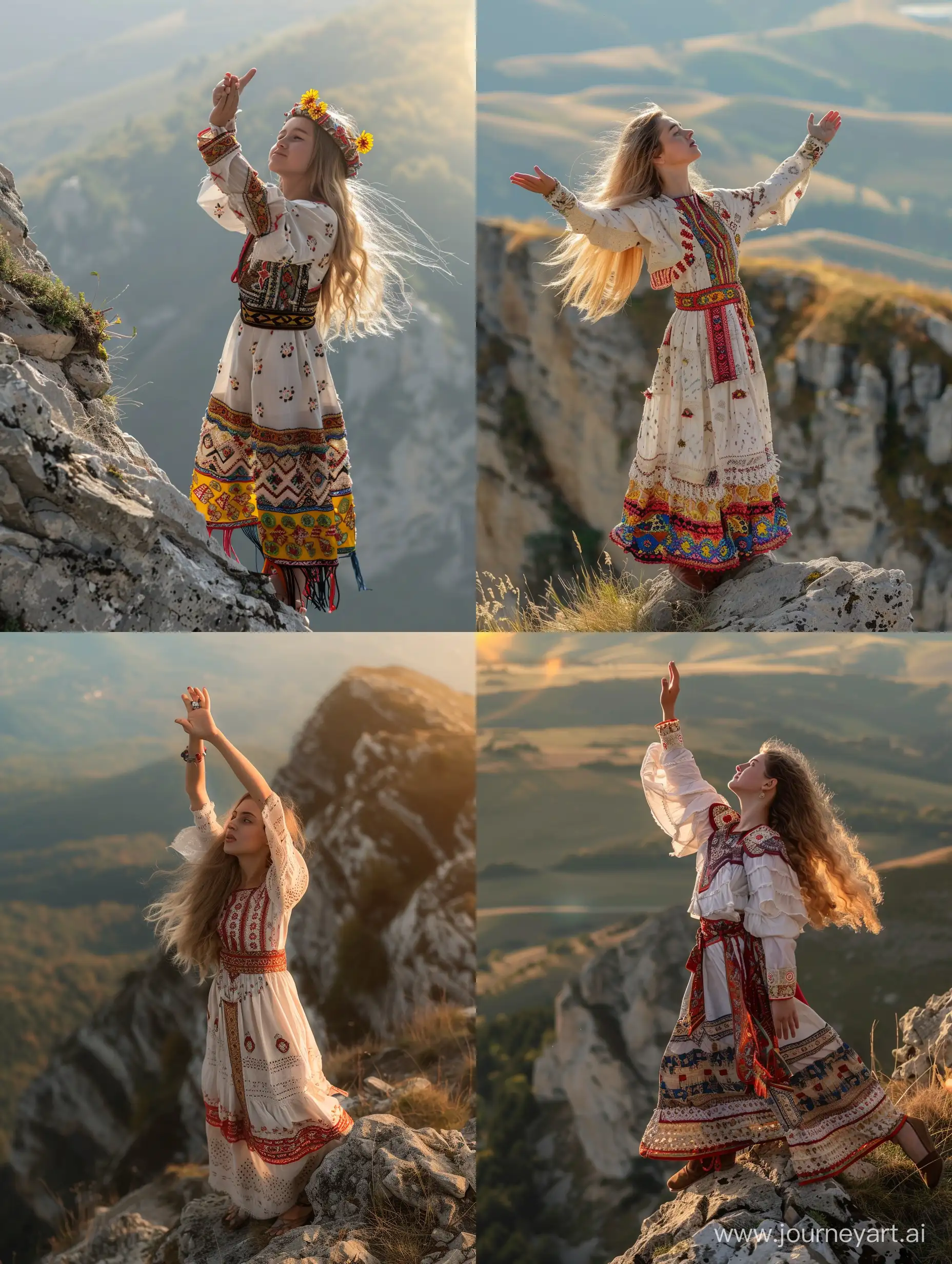 девушка молдованка на вершине горы в народном костюме сраспущенными длинными светлыми  волосами, поднимает руки к солнцу