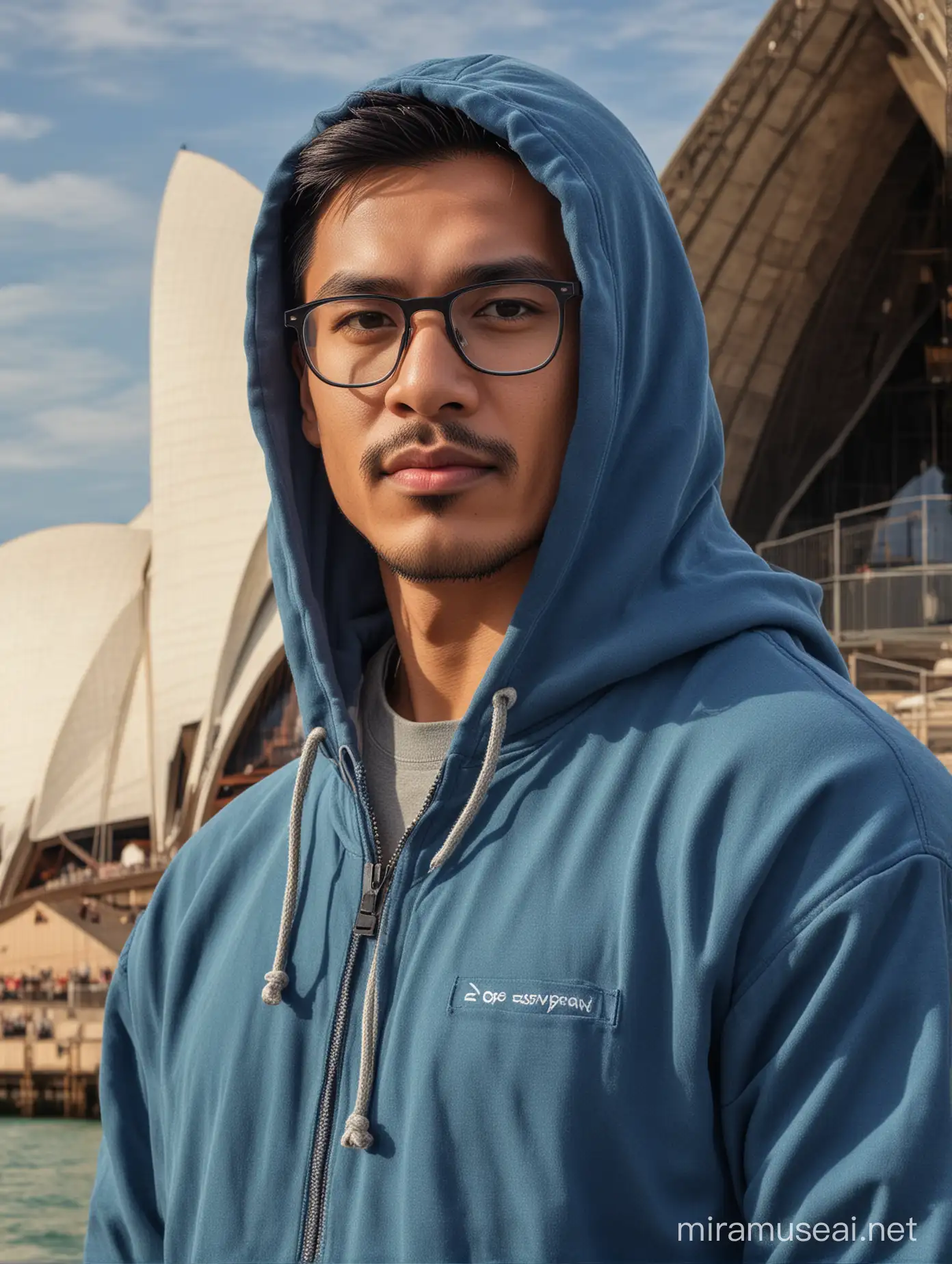 A handsome Indonesian man with glasses, wearing a blue Hoodie jacket and long cargo pants is posing, close-up standing facing the camera under the Sydney Opera House in Australia ultraHD 32K resolution, HDR, 800mm lens, realistic, hyper-realistic, photography, professional photography,