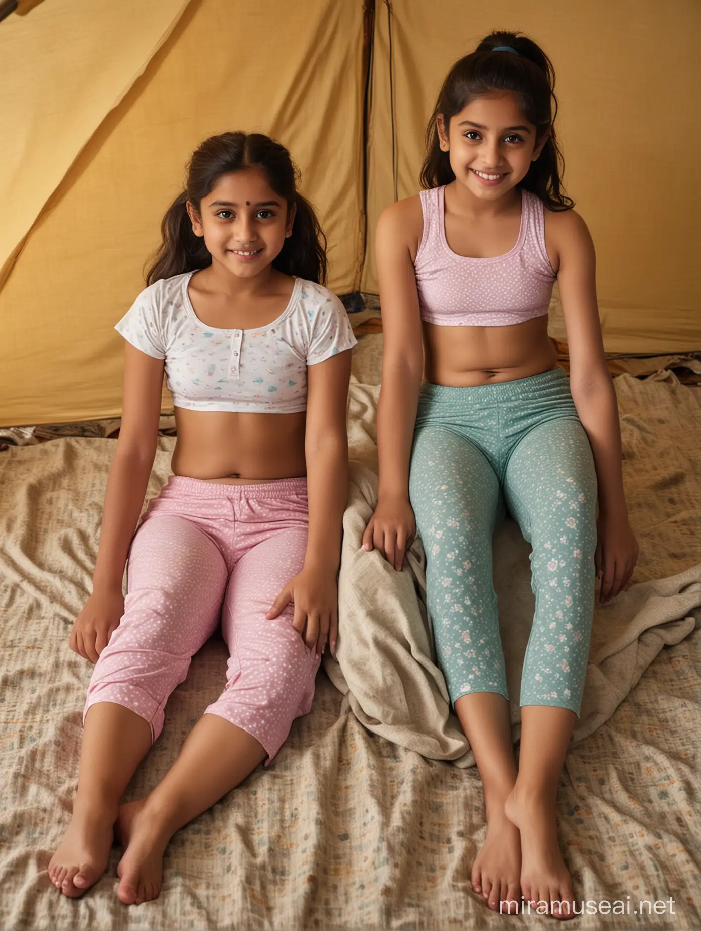 Three very young and small south indian young middle school girls arround 10 years old, with dark hair open or ponytail and with expressive eyes and detailled facial features, one a bit slightly chubby, wearing very used extremely worn-out and sweaty sports pastell capri leggings and short skinny cropped bellyfree tight top with girly pattern, bare feet, all lying together parallel side-by-side, legs straight, on a large open bedroll inside a large tent with cozy interior, looking curious and smiling naughty, dimmed cold ambience at night, ultra high quality image, very detailled image, rich skin and clothing texture, masterpiece.